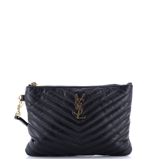 Luxury Saint Laurent Classic Monogram Wristlet Pouch Matelasse Chevron Leather Small