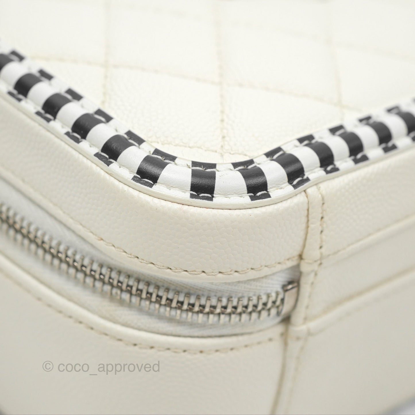 Chanel Quilted Medium CC Filigree Vanity Case White Black Stripe Caviar Silver Hardware