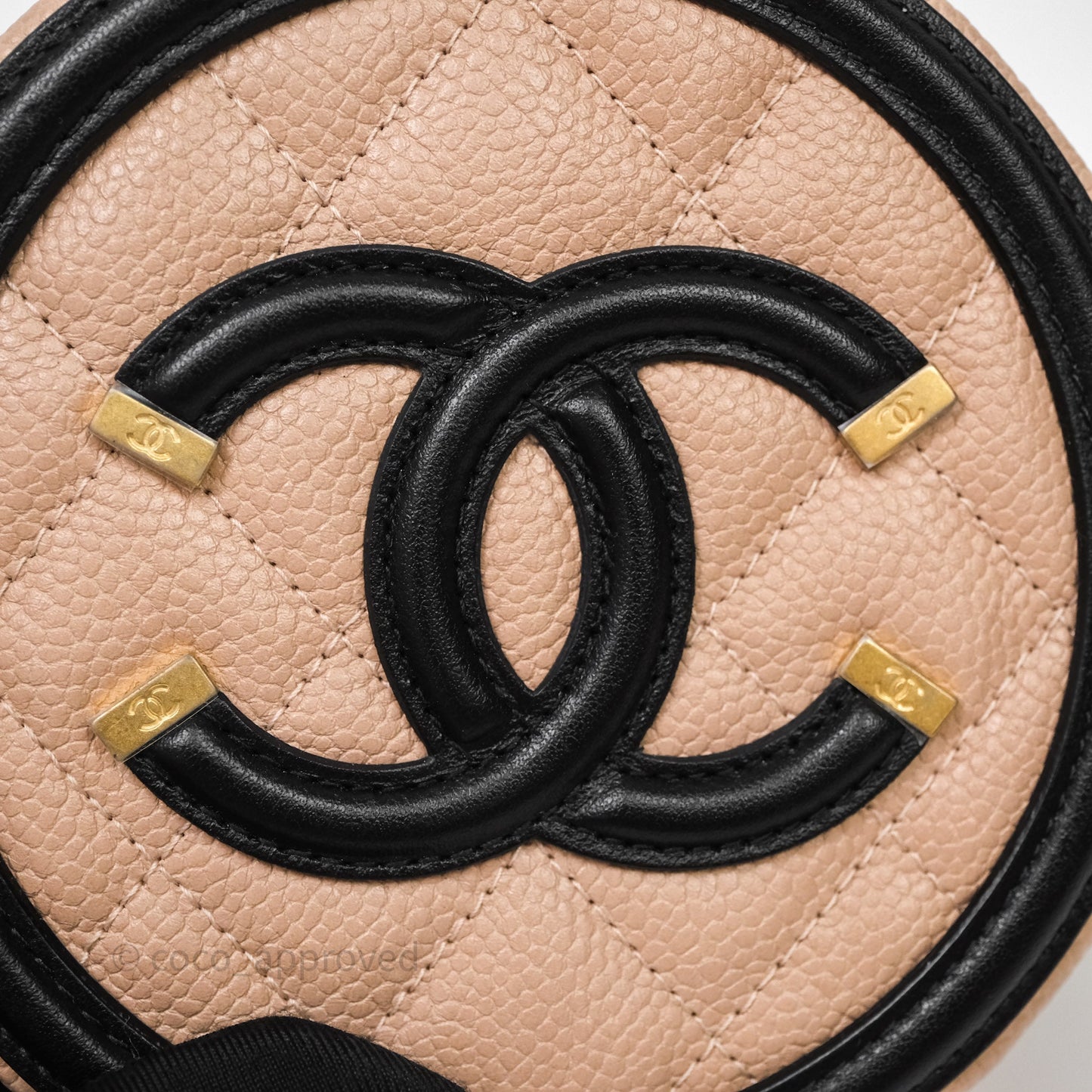 Chanel Quilted Round Filigree Clutch With Chain Beige/ Black Caviar Aged Gold Hardware