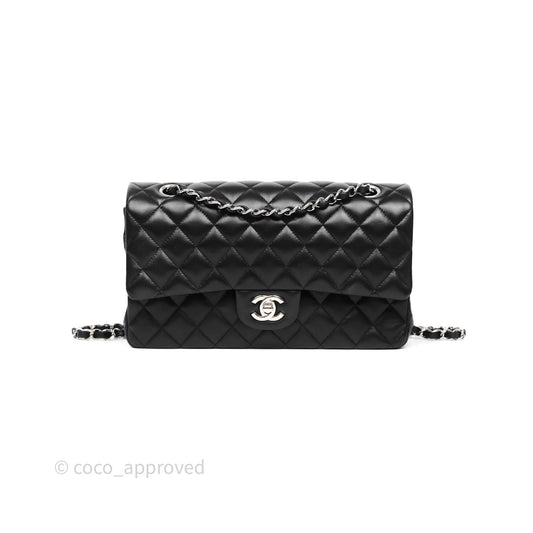 Chanel Classic M/L Medium Flap Quilted Black Lambskin Silver Hardware