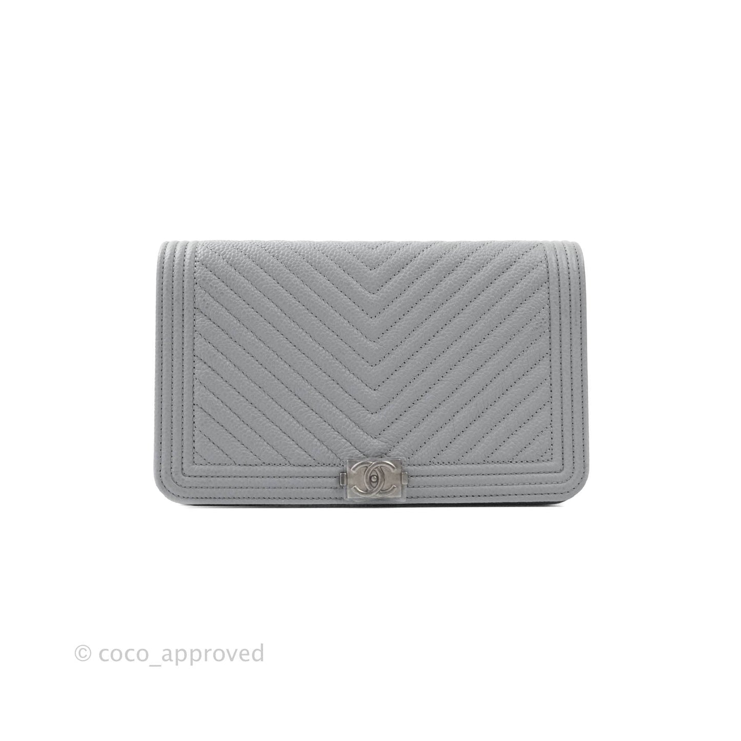 Chanel Chevron Boy Wallet on Chain WOC Grey Caviar Ruthenium Hardware