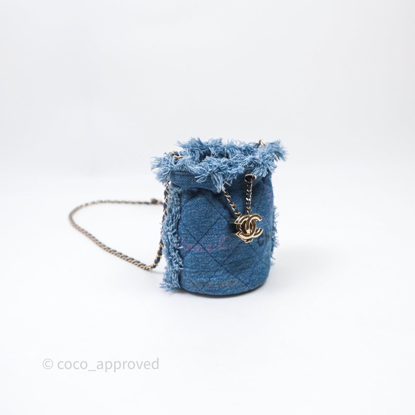 Chanel Mood Denim Mini Bucket Bag with Chain Blue Gold Hardware