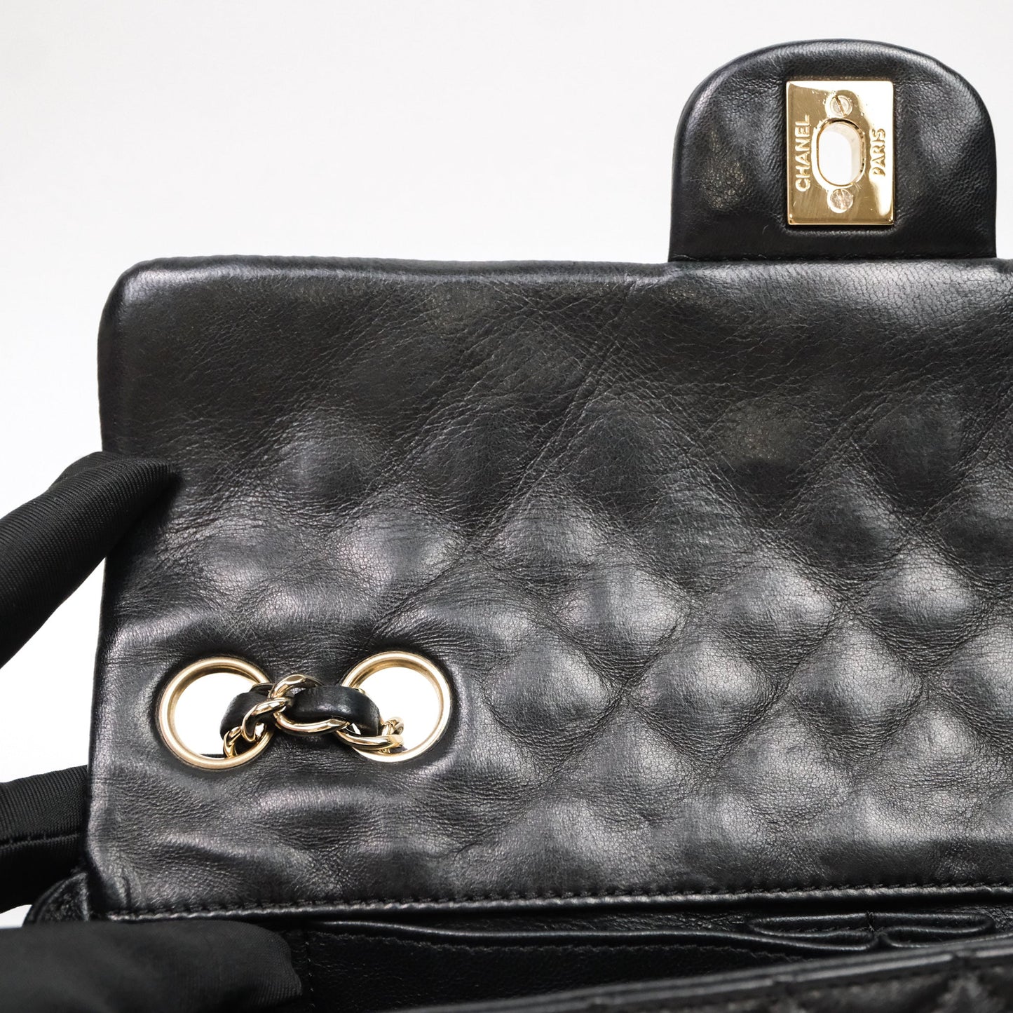 Chanel Quilted East West With Charm Flap Bag Lambskin Black Gold Hardware