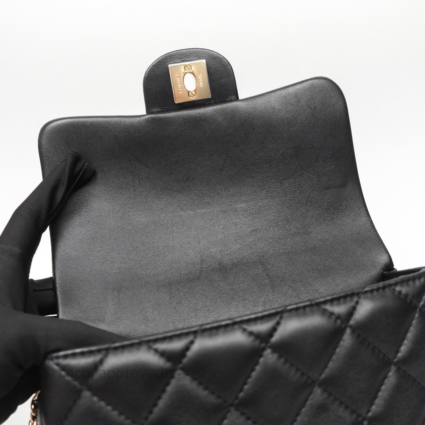 Chanel Logo Pearl Chain Flap Bag Black Lambskin Gold Hardware