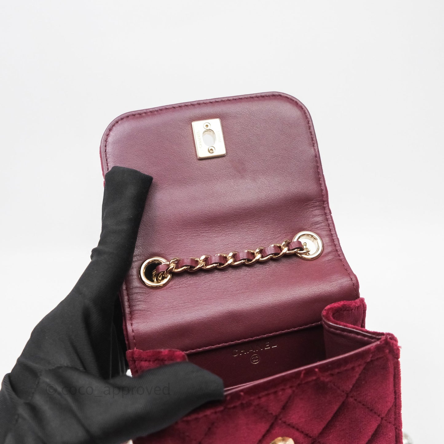 Chanel Quilted Phone Holder Crystals Pearl Crush Red Velvet Gold Hardware