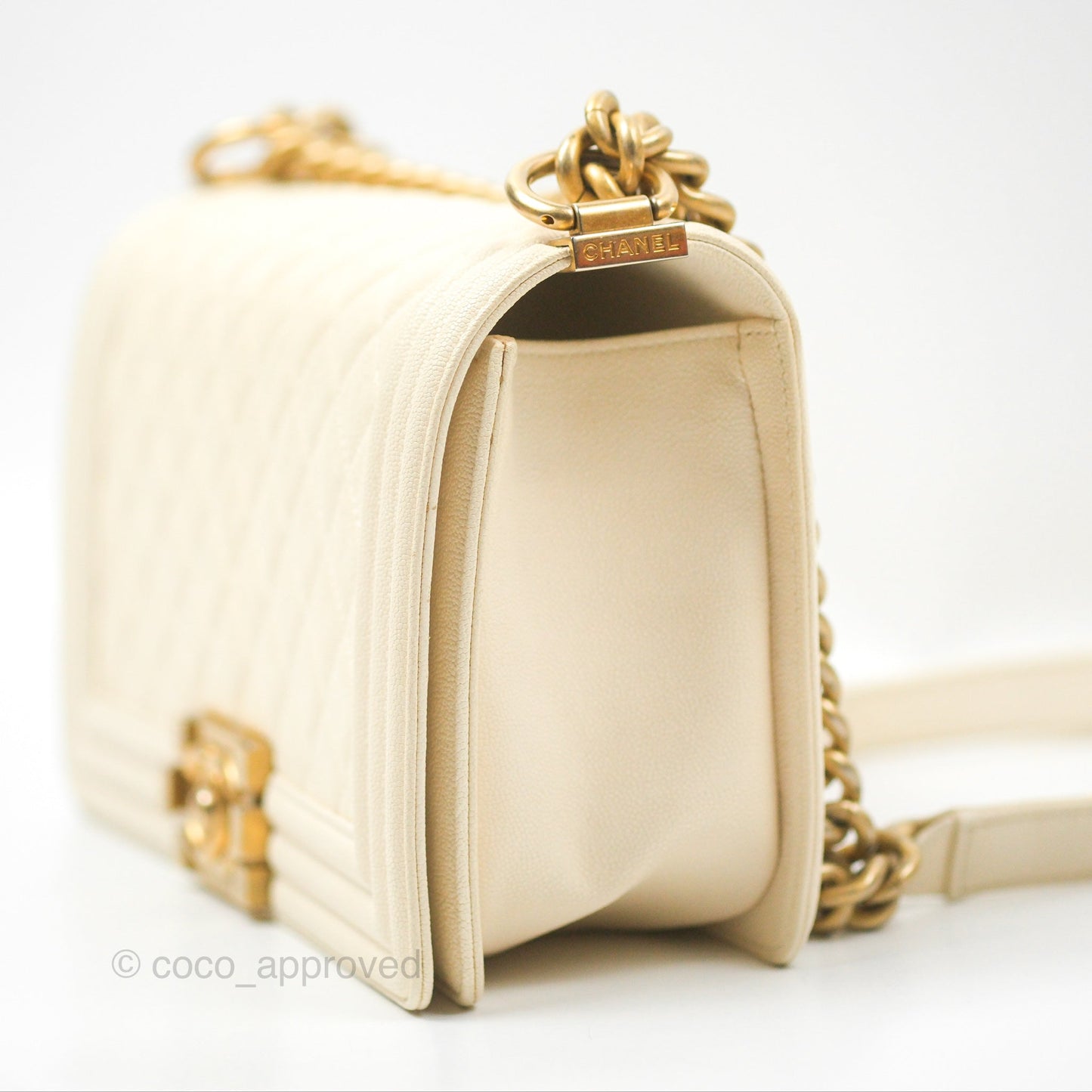 Chanel Medium Boy Quilted Ivory Caviar Aged Gold Hardware