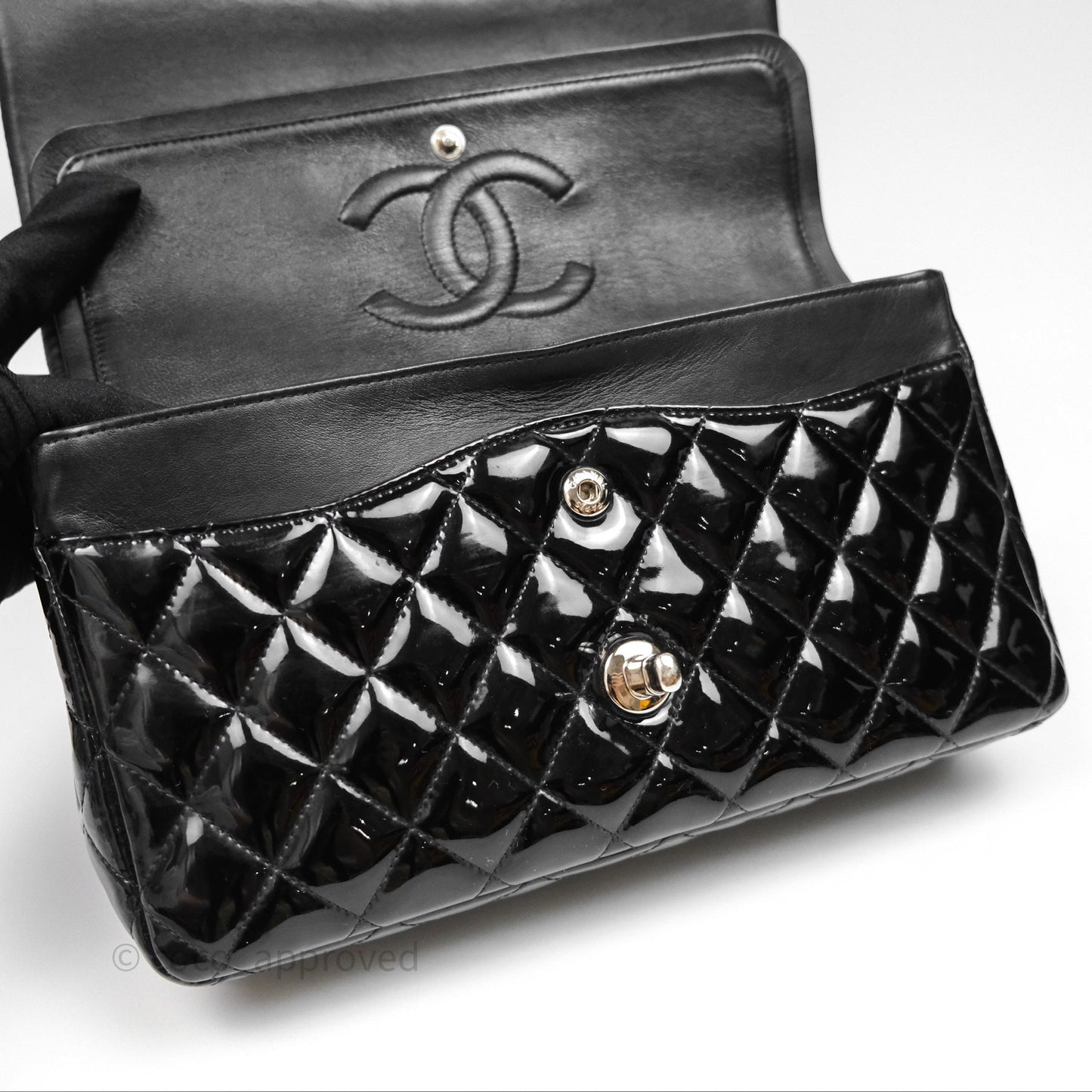 Chanel Classic M/L Medium Flap Quilted Black Patent Silver Hardware