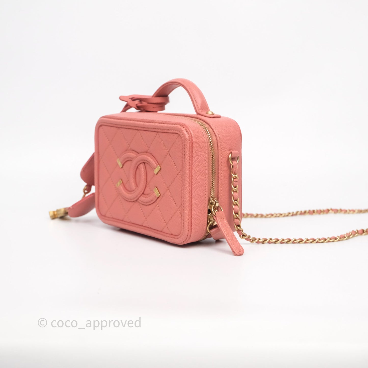 Chanel Quilted Small CC Filigree Vanity Case Pink Caviar Aged Gold Hardware