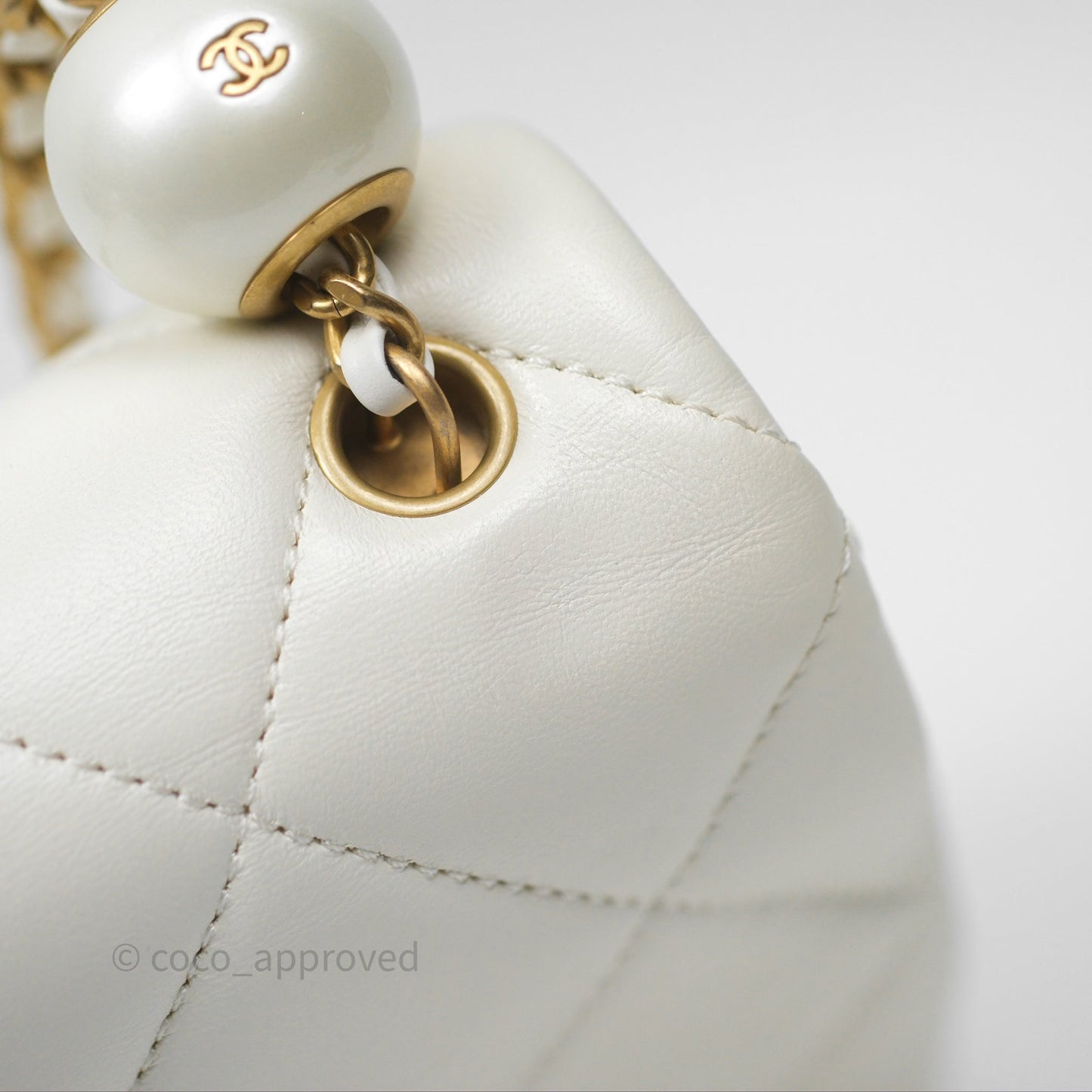 Chanel Quilted Double Pearl Adjustable Chain Flap Bag White Lambskin Aged Gold Hardware 24S