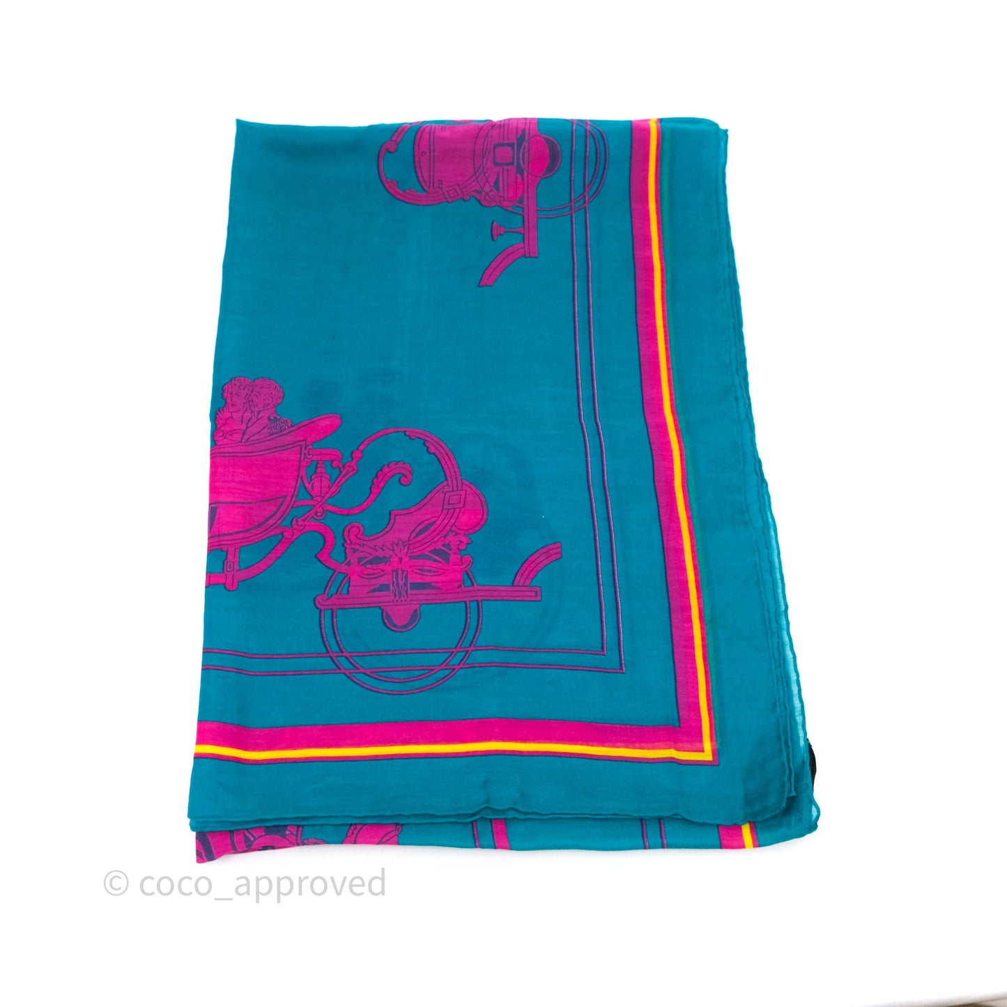 Hermes Turquoise Cotton Scarf Teal/ Cerise 60x180cm