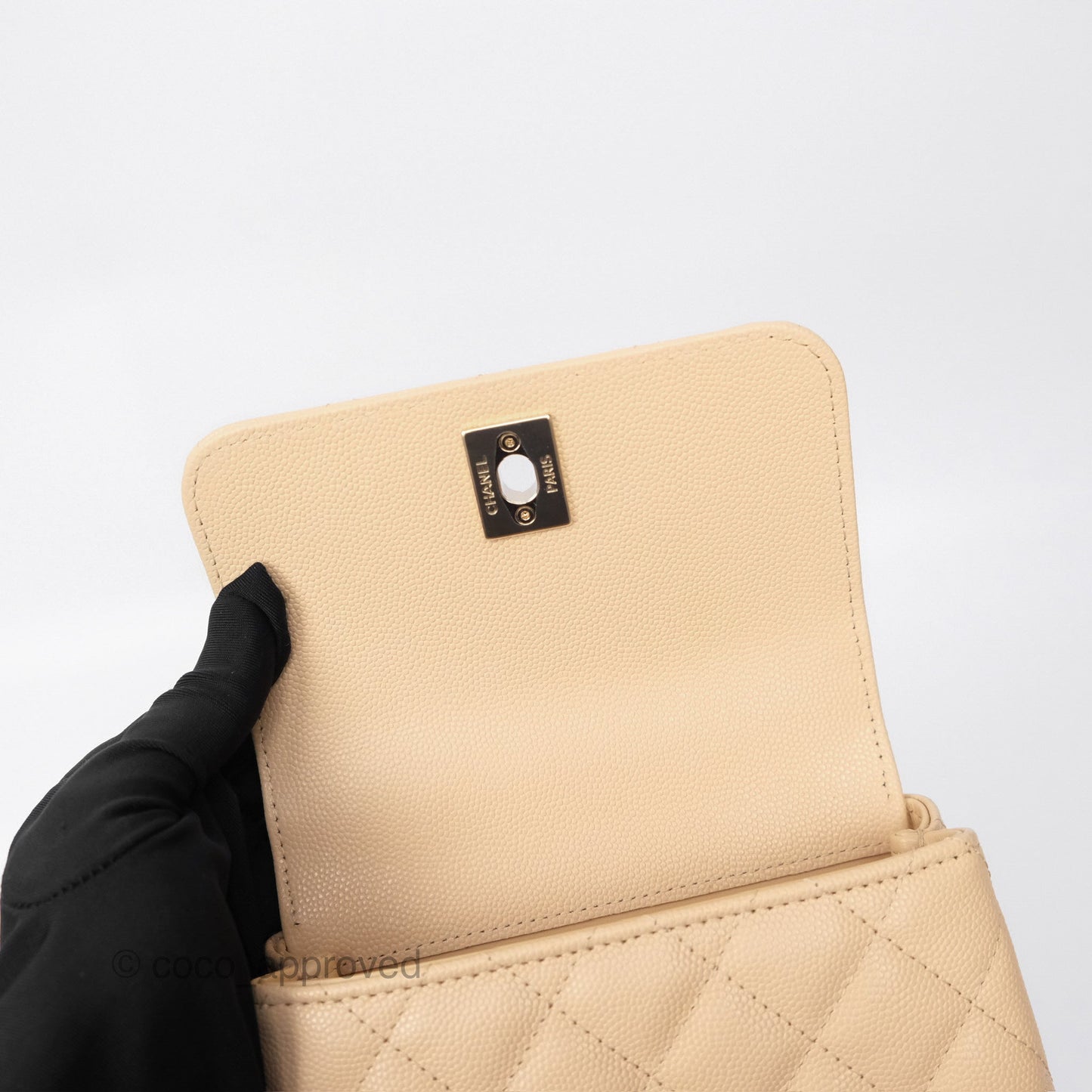Chanel Coco Handle Clutch with Chain Quilted Beige Caviar Gold Hardware