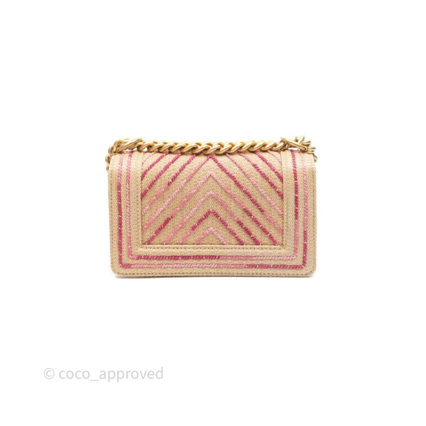 Chanel Small Boy Chevron Raffia Metallic Pink Aged Gold Hardware