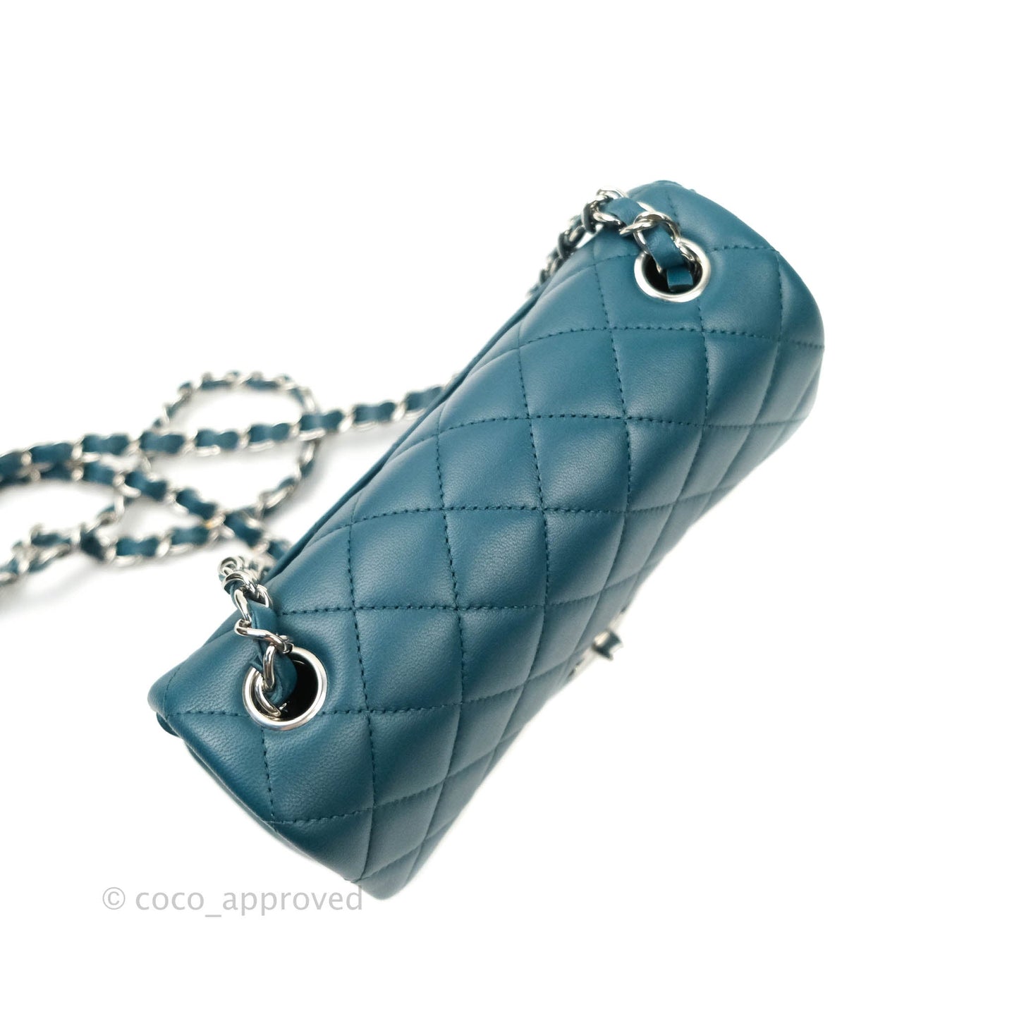 Chanel Quilted Mini Rectangular Lambskin Flap Bag Teal Silver Hardware
