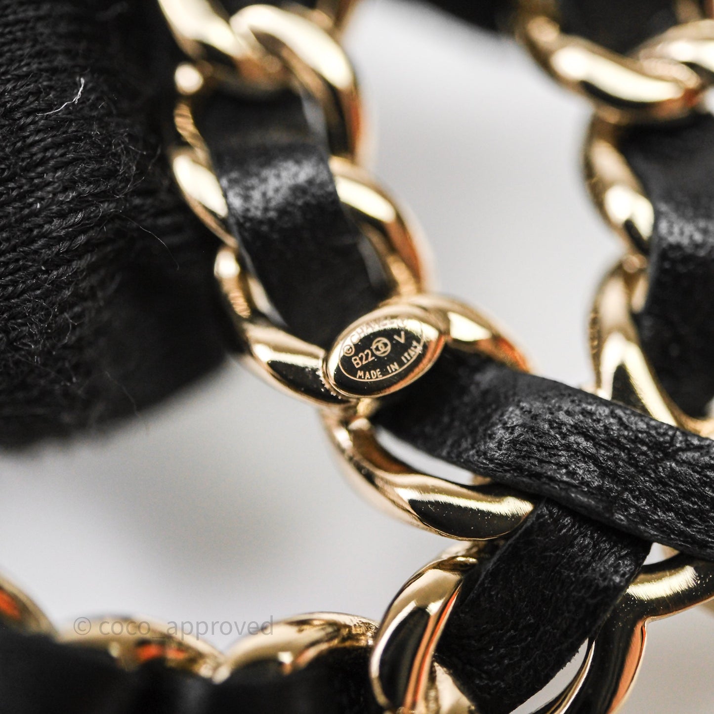 Chanel CC Braided Black Leather Brooch Gold Tone 22V