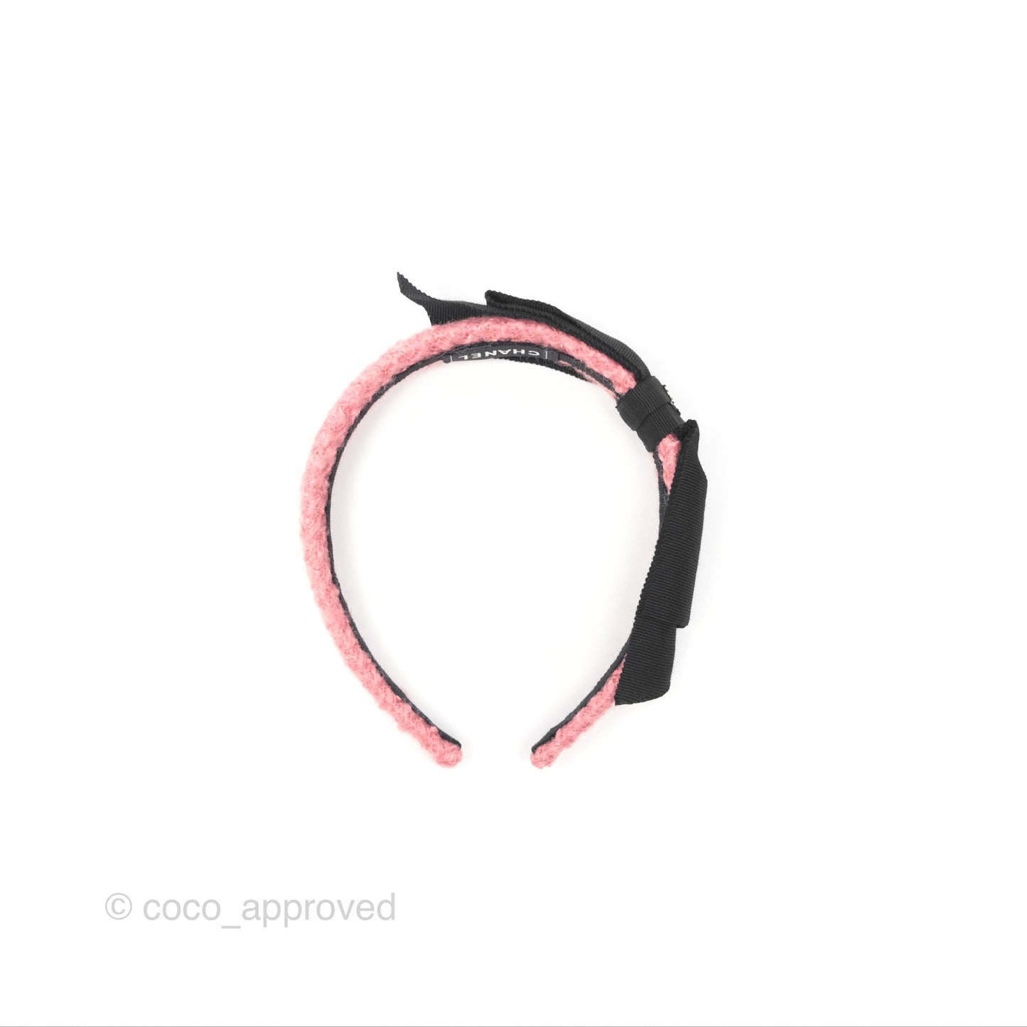 Chanel Black CC Silk Ribbon Bow Tweed Hair Band Pink 22B