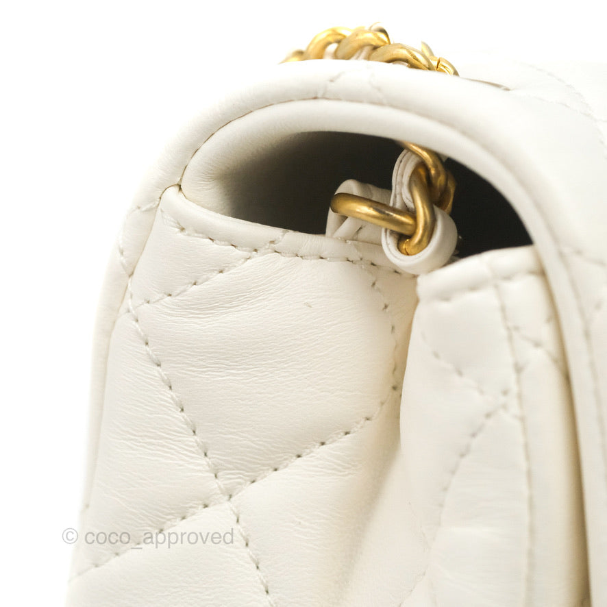 Chanel Mini Square Pearl Crush Quilted White Lambskin Aged Gold Hardware