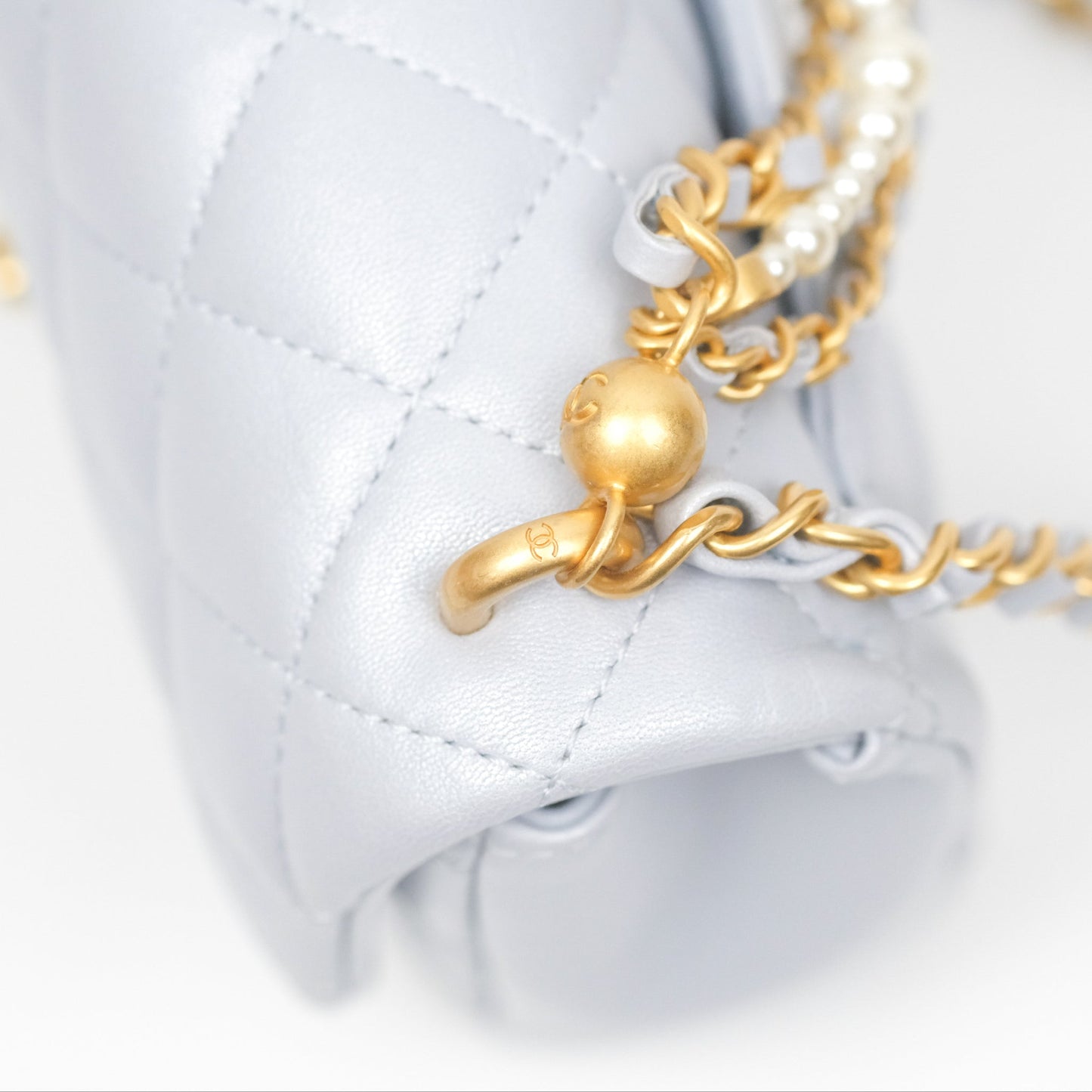 Chanel Pearl Chain Mini Flap Bag Pearly Light Blue Lambskin Aged Gold Hardware 24P