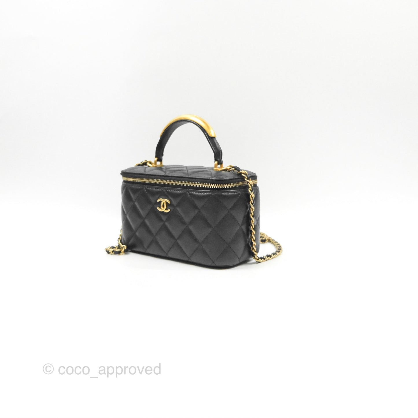 Chanel Vanity Rectangular Metal Top Handle Black Lambskin Aged Gold Hardware 22B