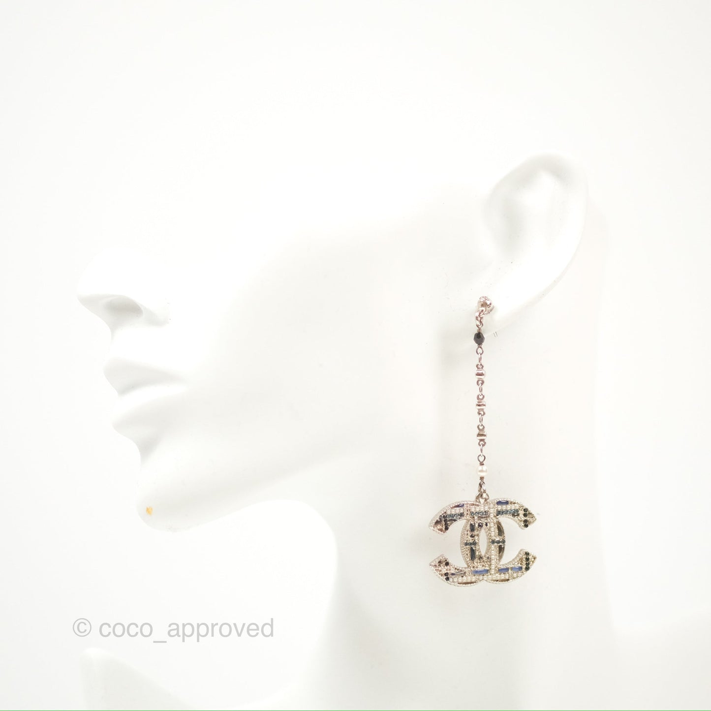 Chanel CC Pearl Resin Drop Earrings Silver Tone 19B