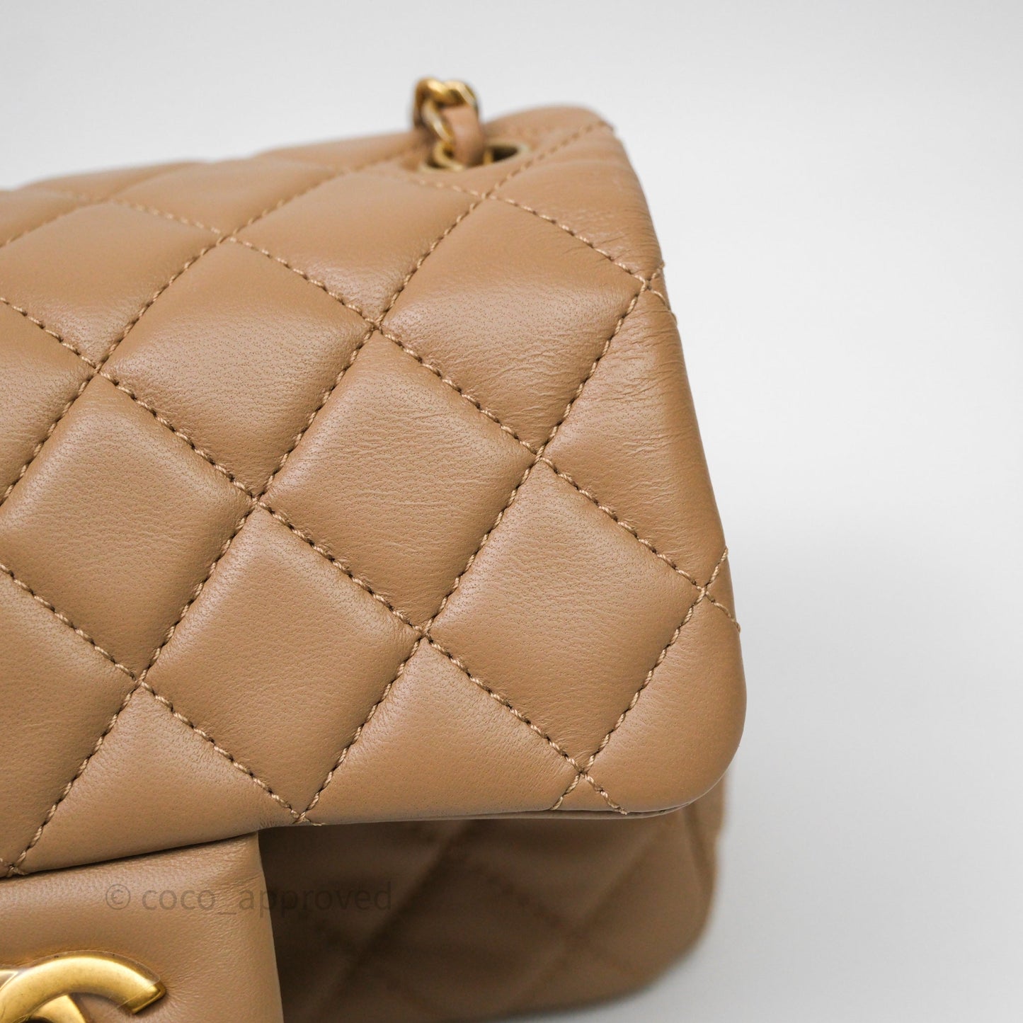 Chanel Pearl Crush Mini Square Quilted Beige Lambskin Aged Gold Hardware