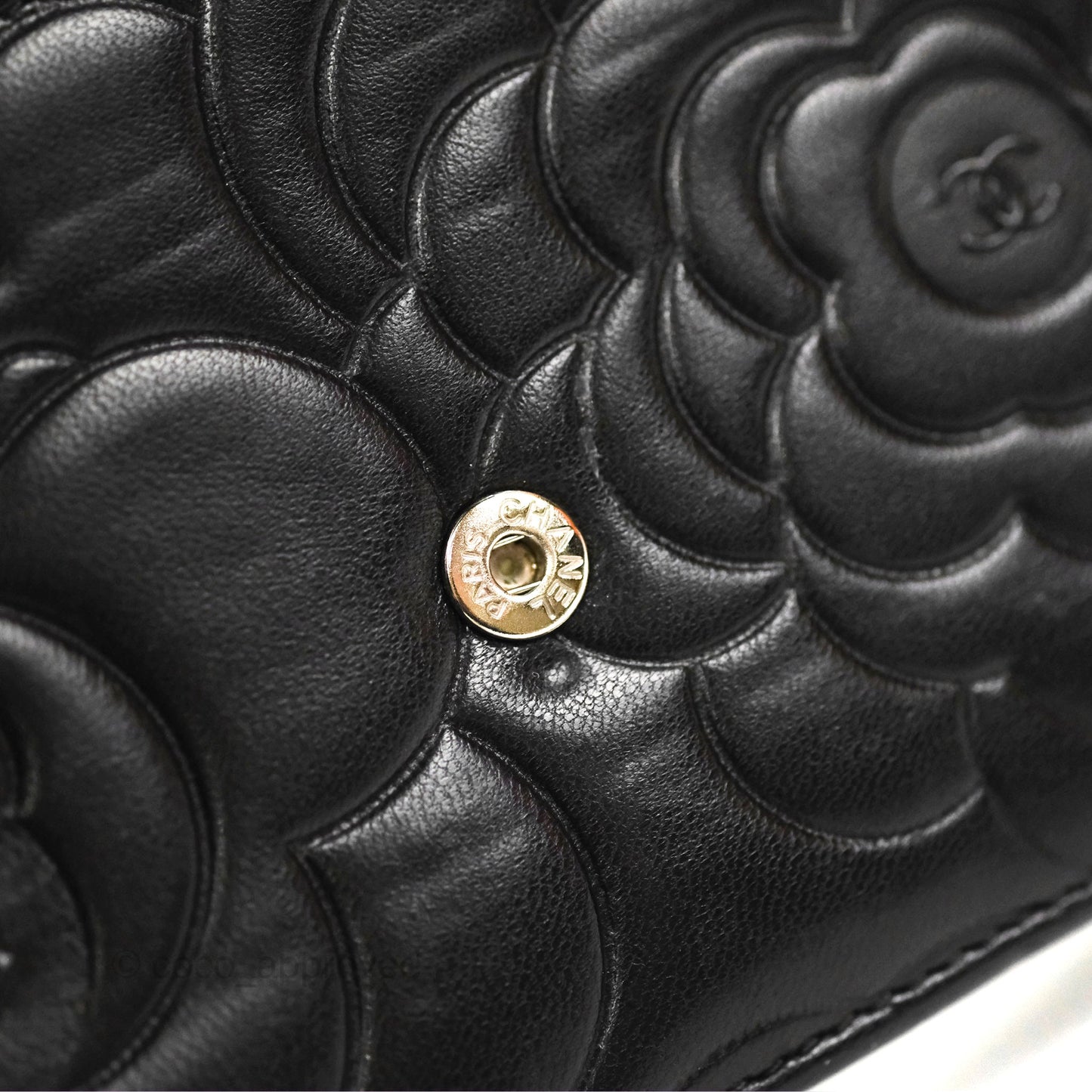 Chanel Camellia Embossed Wallet on Chain WOC Black Lambskin Silver Hardware