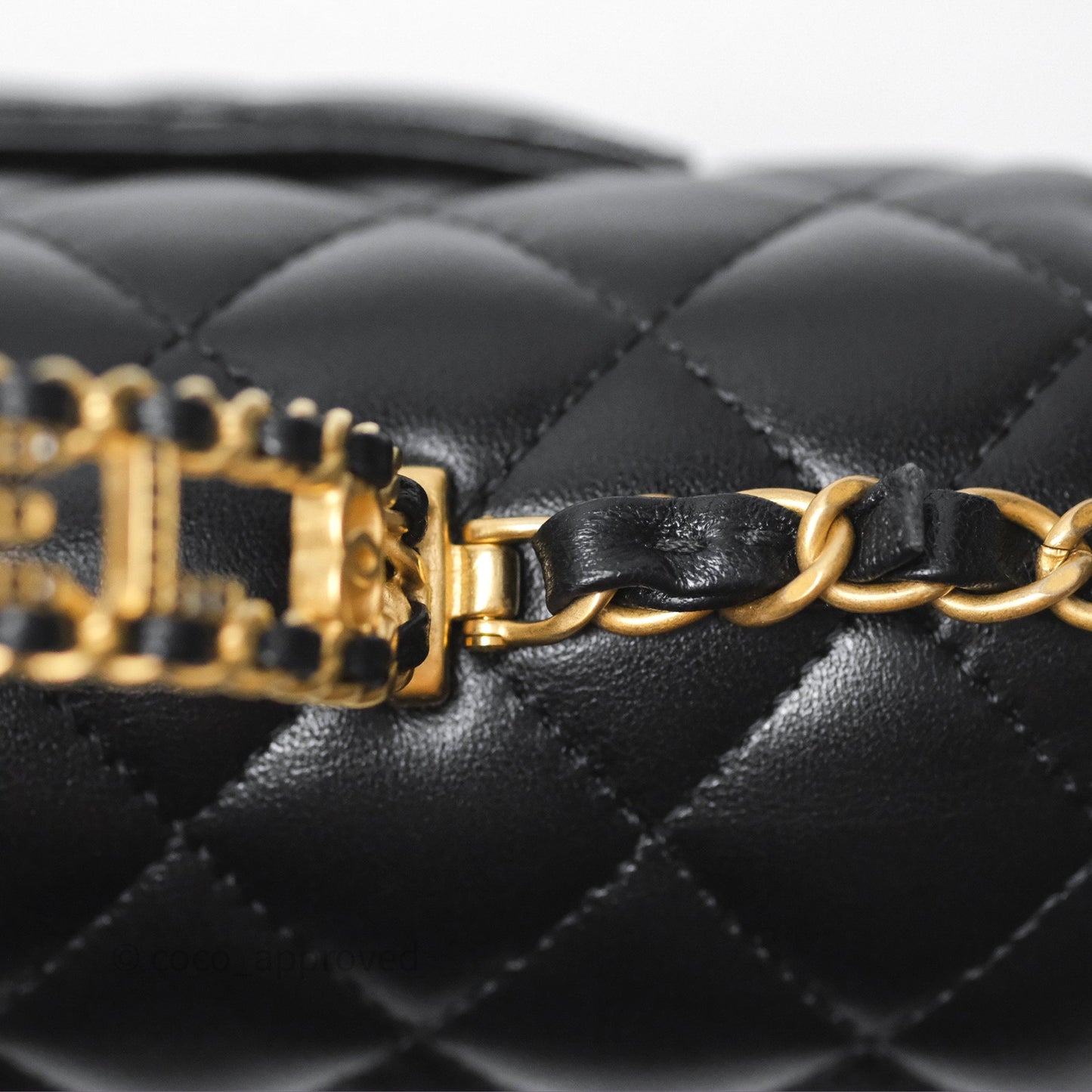 Chanel Flap Bag with Crystal Logo Top Handle Black Lambskin Aged Gold Hardware