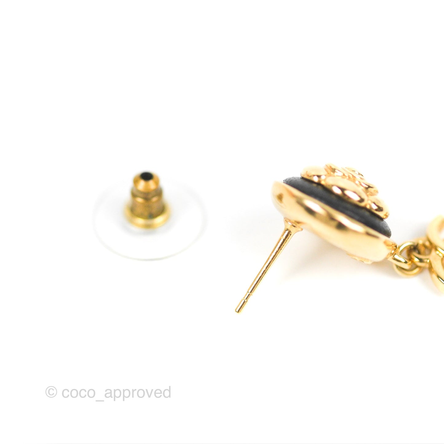 Chanel Round Camellia CC Earrings Black Leather Gold Tone 22A