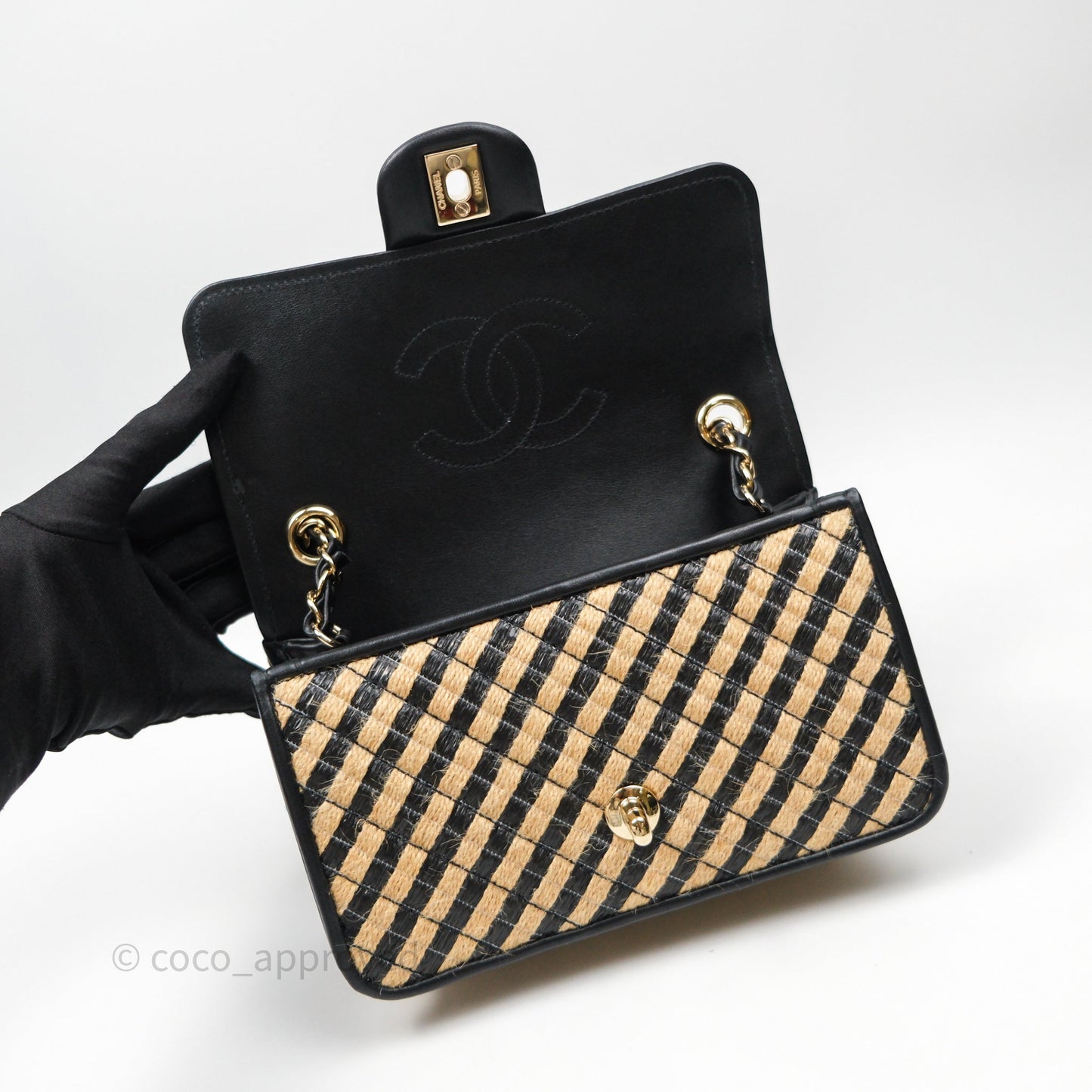 Chanel Quilted Mini Rectangular Flap Raffia Jute Thread Black & Beige Gold Hardware