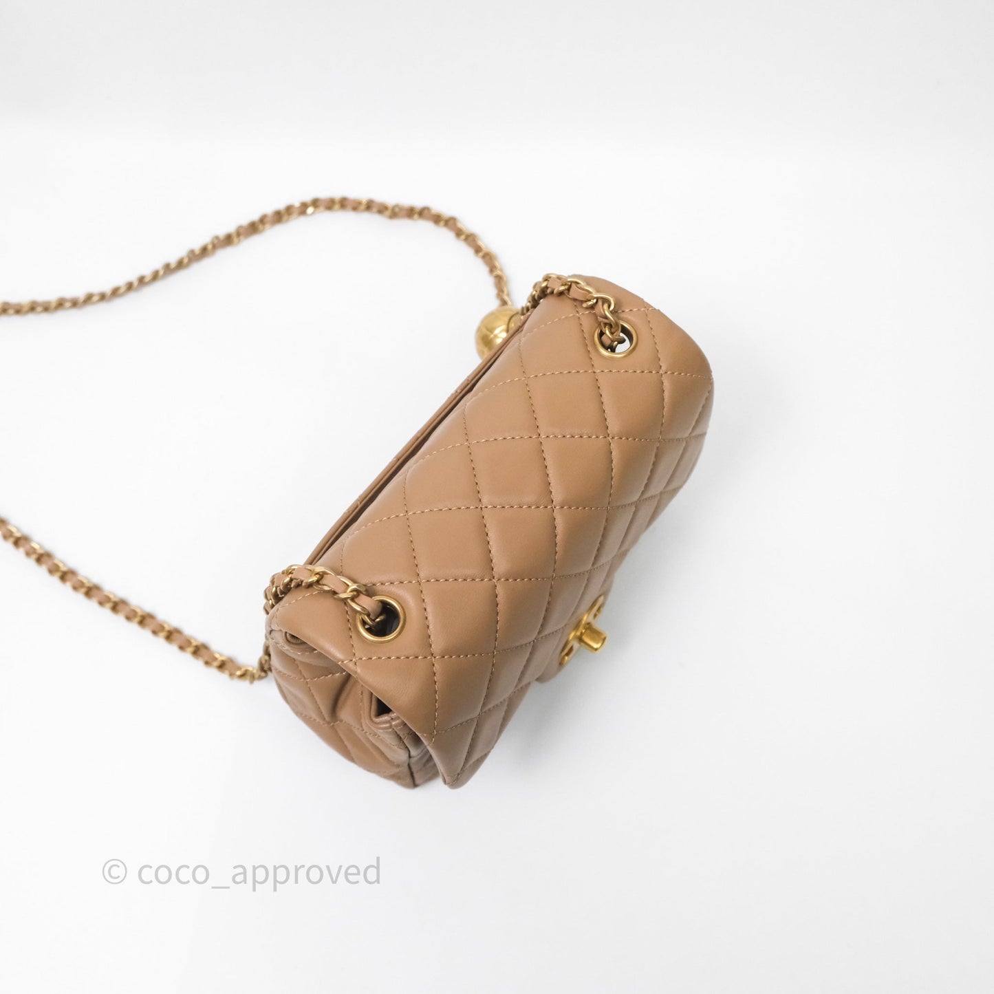 Chanel Pearl Crush Mini Square Quilted Beige Lambskin Aged Gold Hardware