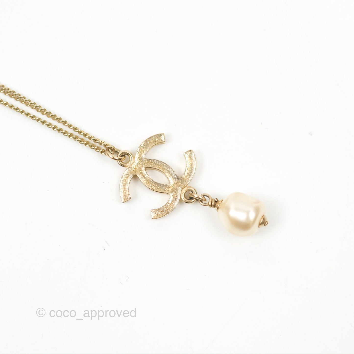 Chanel CC Crystal Pearl Drop Pendant Necklace Gold Tone 12A