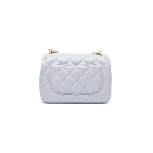 Chanel Pearl Chain Mini Flap Bag Pearly Light Blue Lambskin Aged Gold Hardware 24P