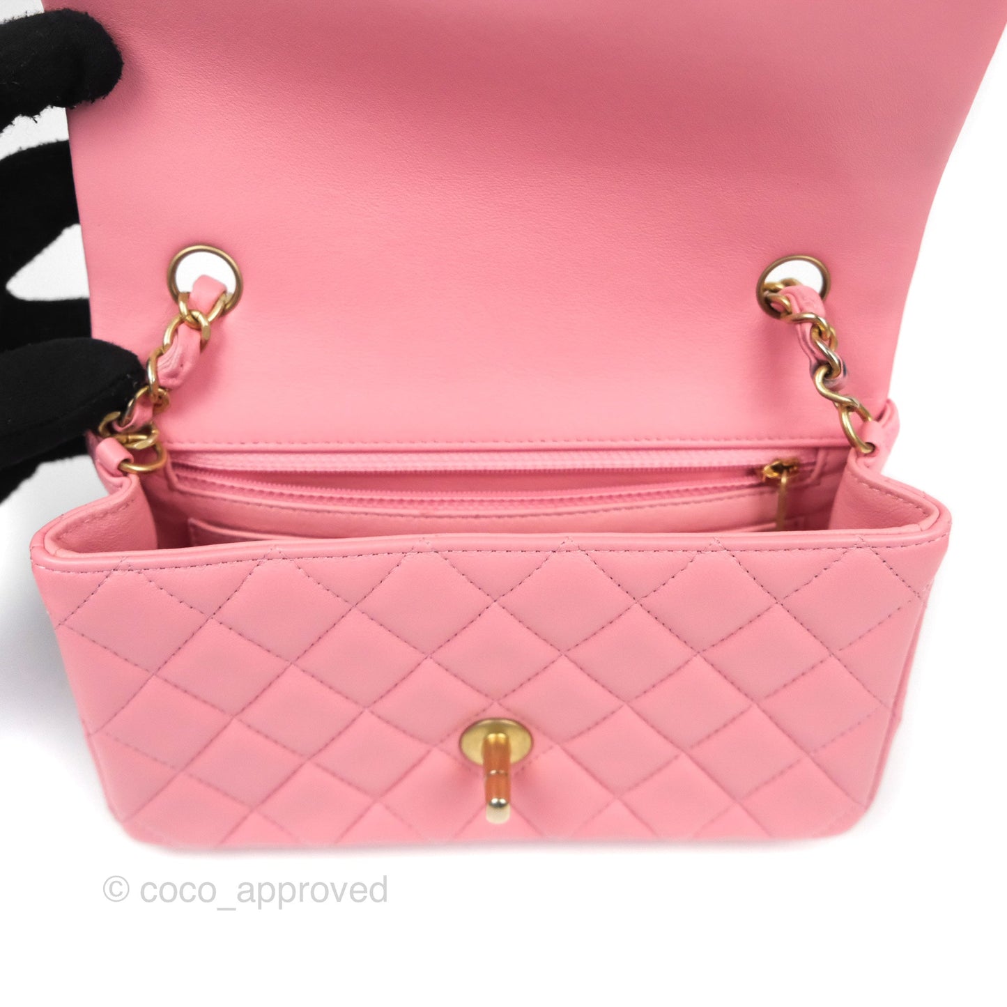 Chanel Quilted Mini Rectangular Flap Pink Lambskin Aged Gold Hardware