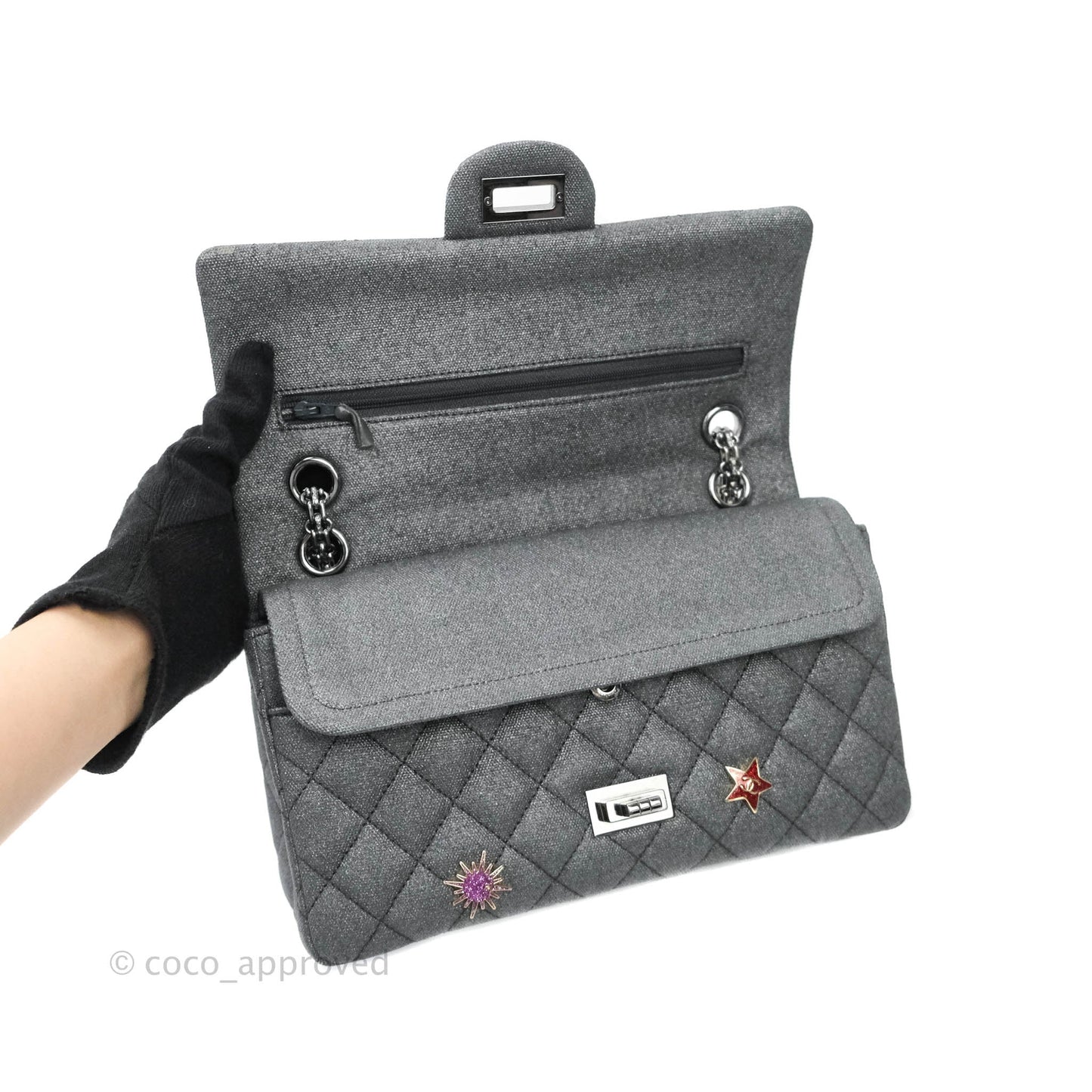 Chanel 2.55 Reissue Lucky Charms 225 Flap Iridescent Metallic Grey Canvas Gun Metal
