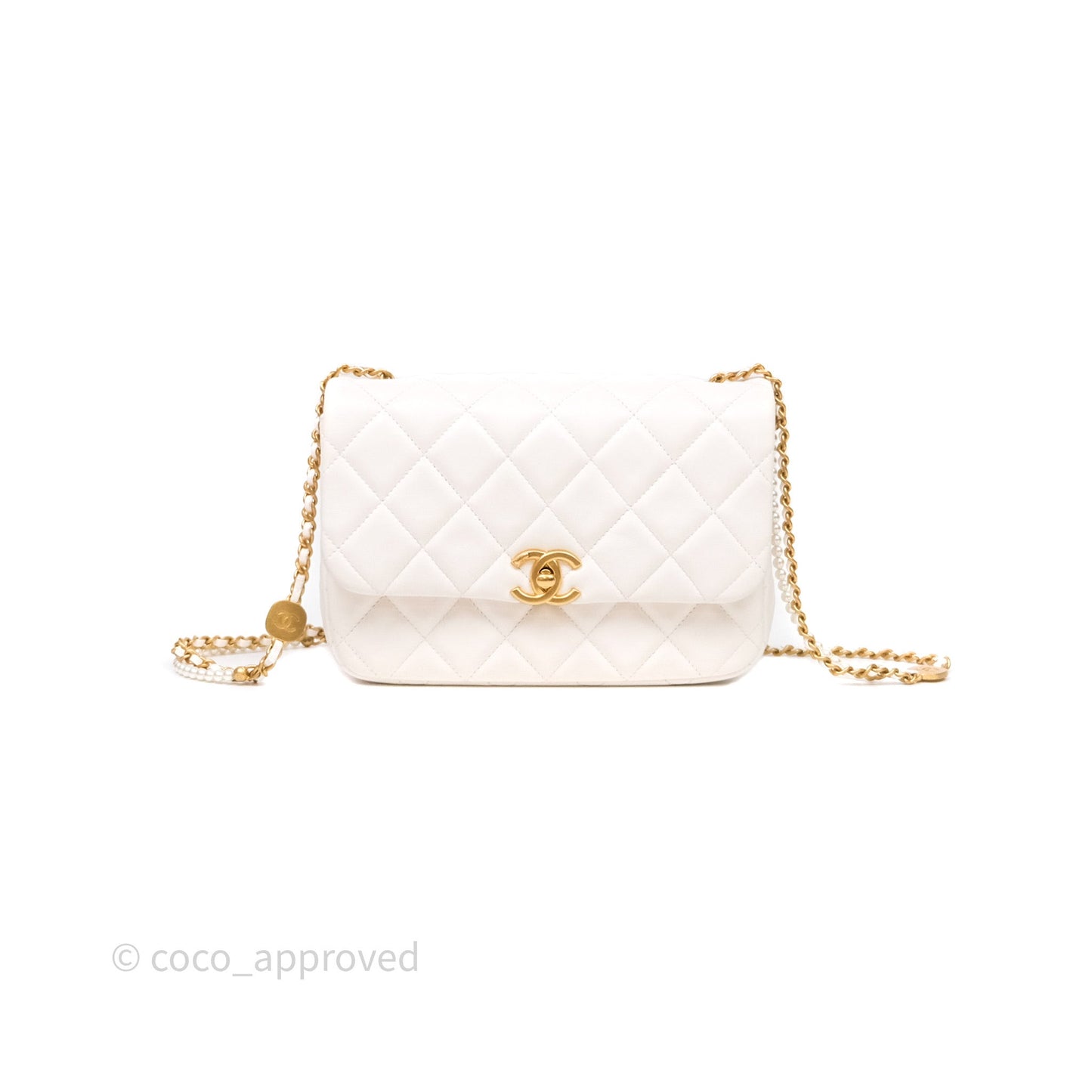 Chanel Flap Bag with Pearl Chain Ivory White Aged Gold Hardware 25P