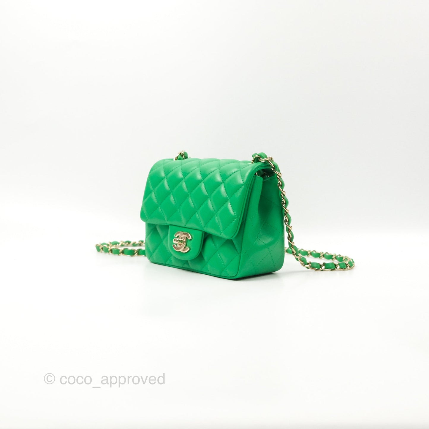 Chanel Quilted Mini Square Green Lambskin Gold Hardware
