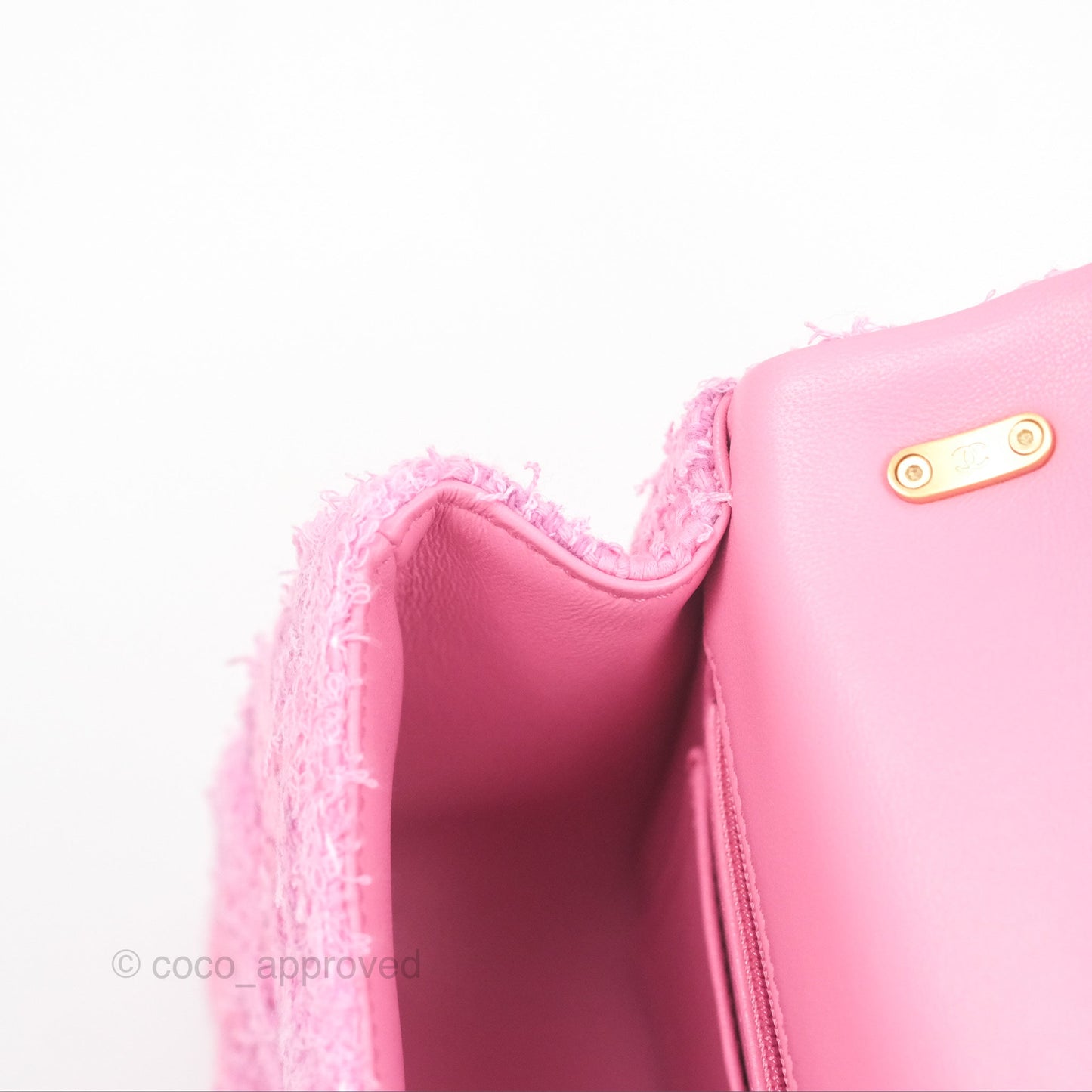 Chanel Mini Flap Bag with Pearl Chain Pink Tweed Aged Gold Hardware