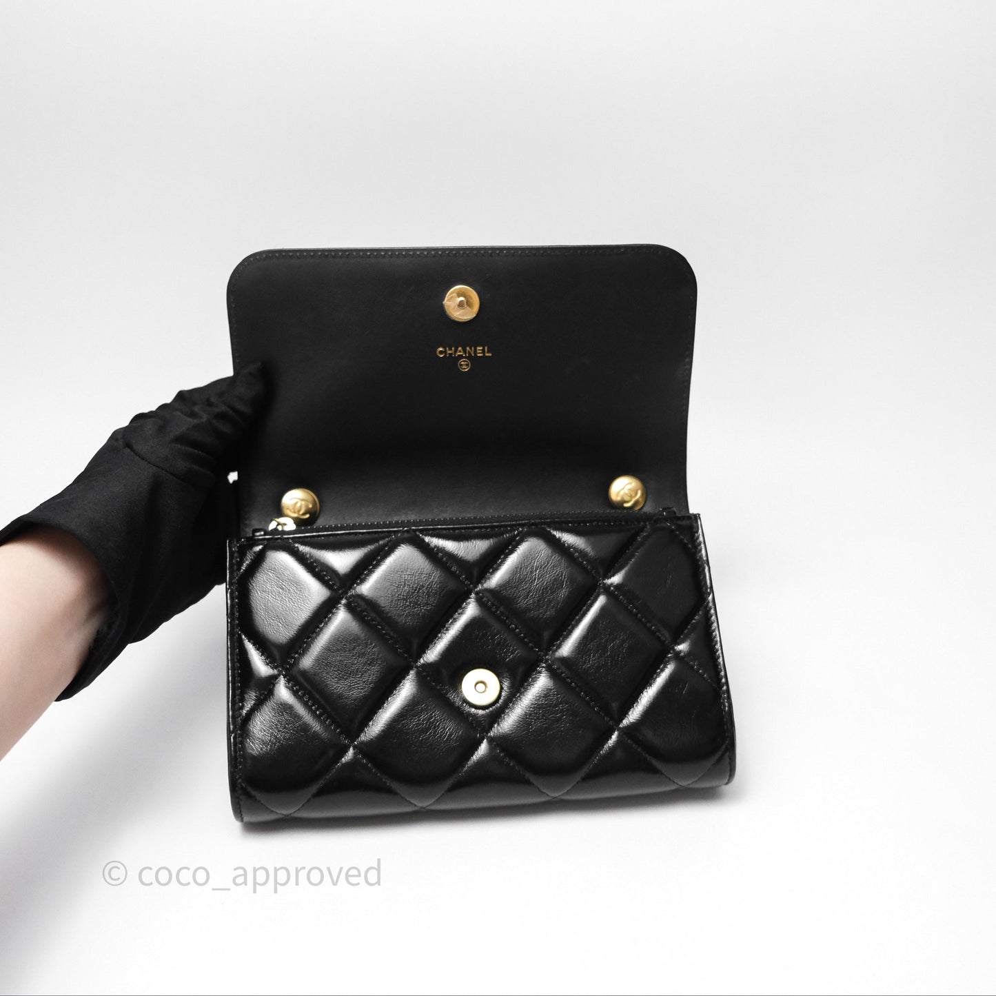 Chanel Quilted Medallion Wallet on Chain WOC Black Glossy Lambskin Gold Hardware 22K