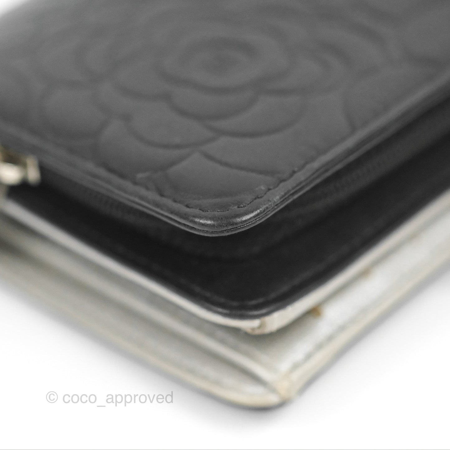Chanel Wallet Black Camellia Embossed Lambskin Silver Hardware
