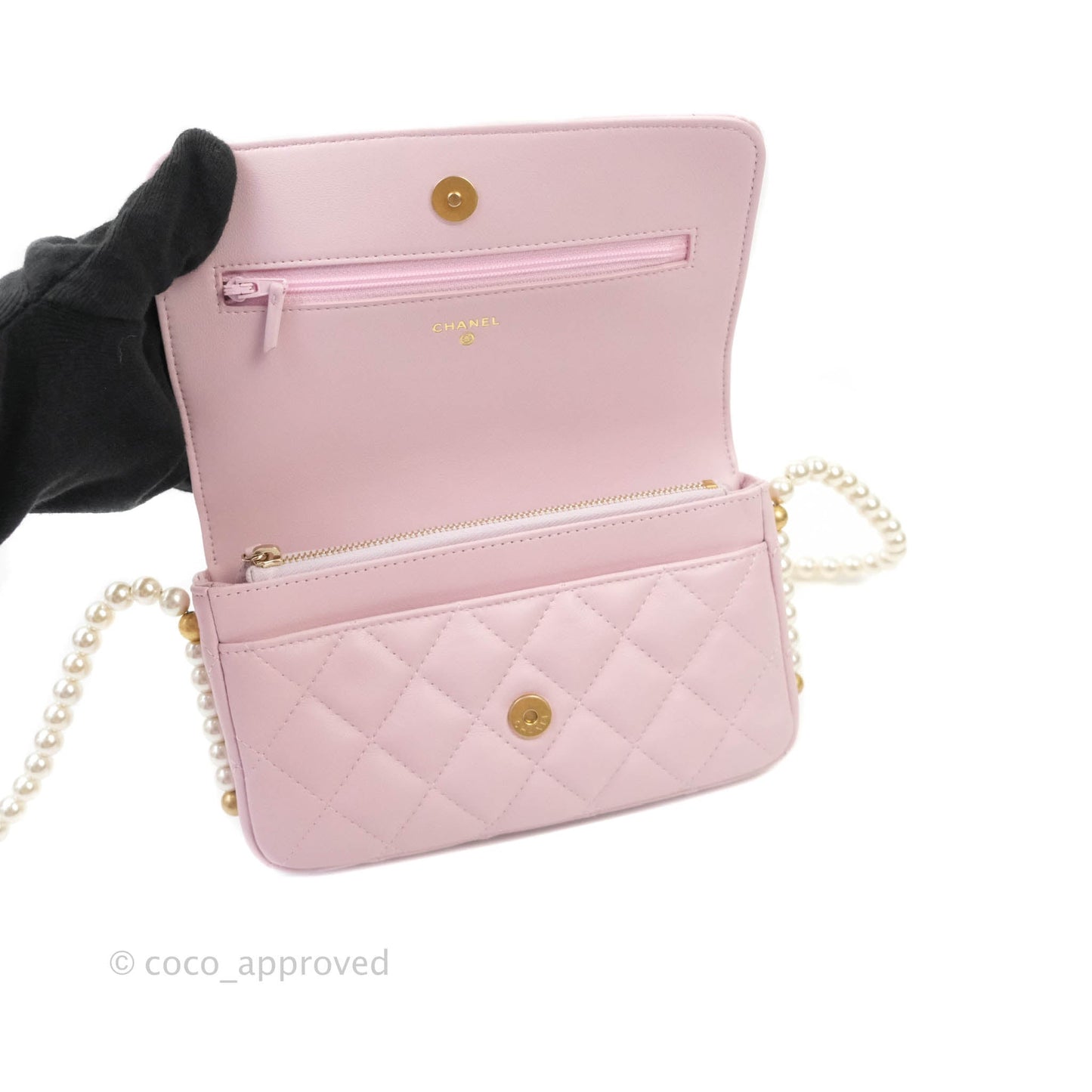Chanel Quilted Wallet On Chain WOC With Pearl Chain Pink Aged Gold Hardware