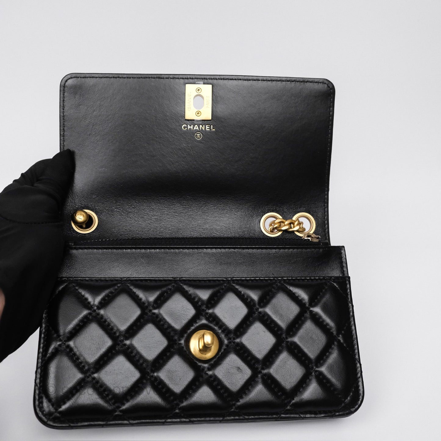 Chanel All Slide Wallet on Chain WOC Adjustable Chain Quilted Black Lambskin 22K