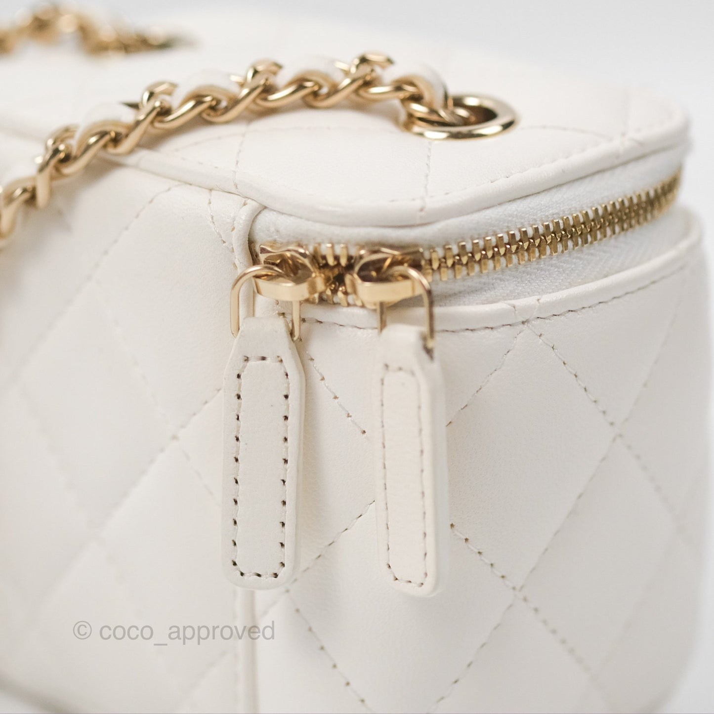 Chanel Camellia White Quilted Lambskin Mini Vanity with Chain Gold Hardware