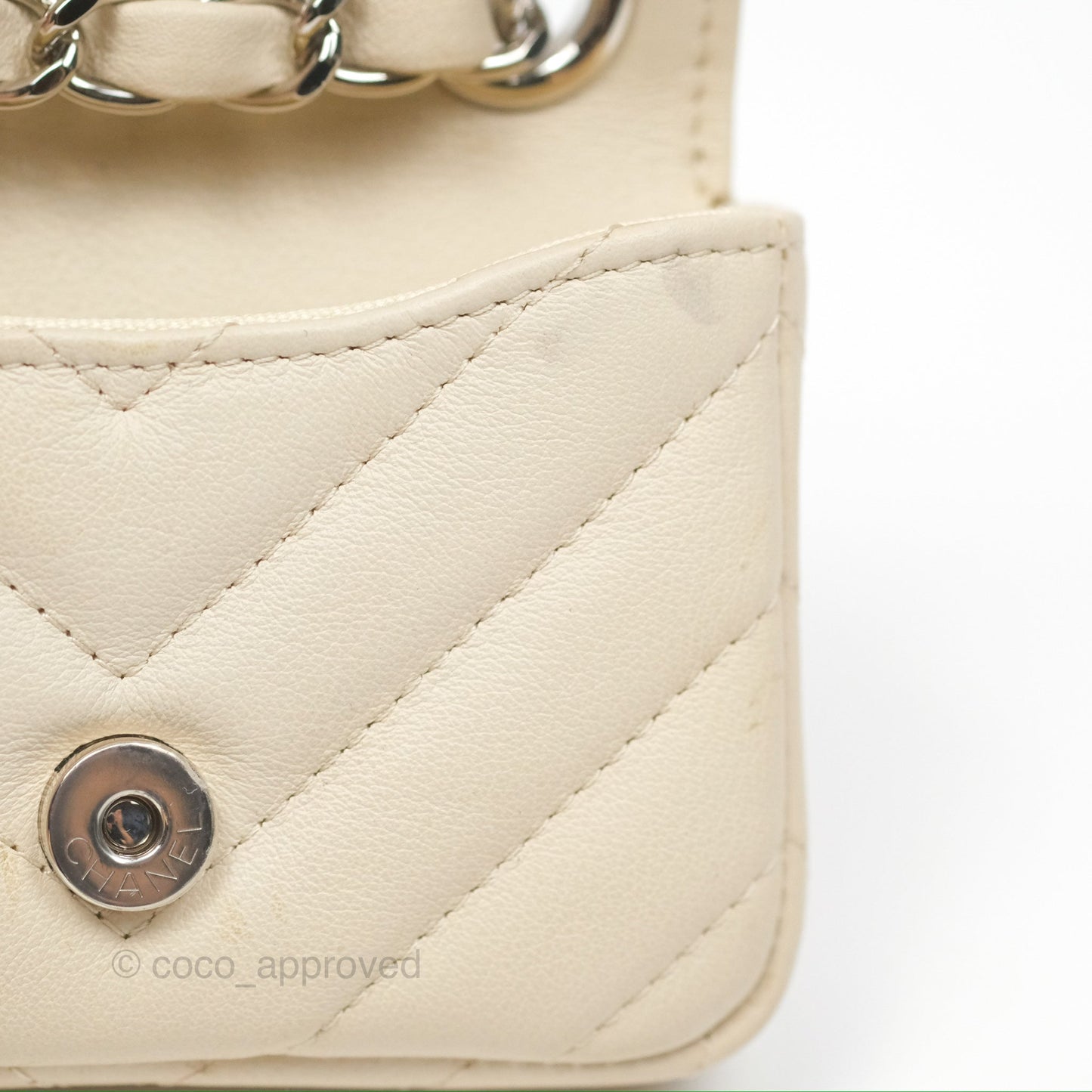 Chanel Mini Card Holder Chain Belt Bag Chevron Ivory Calfskin Silver Hardware