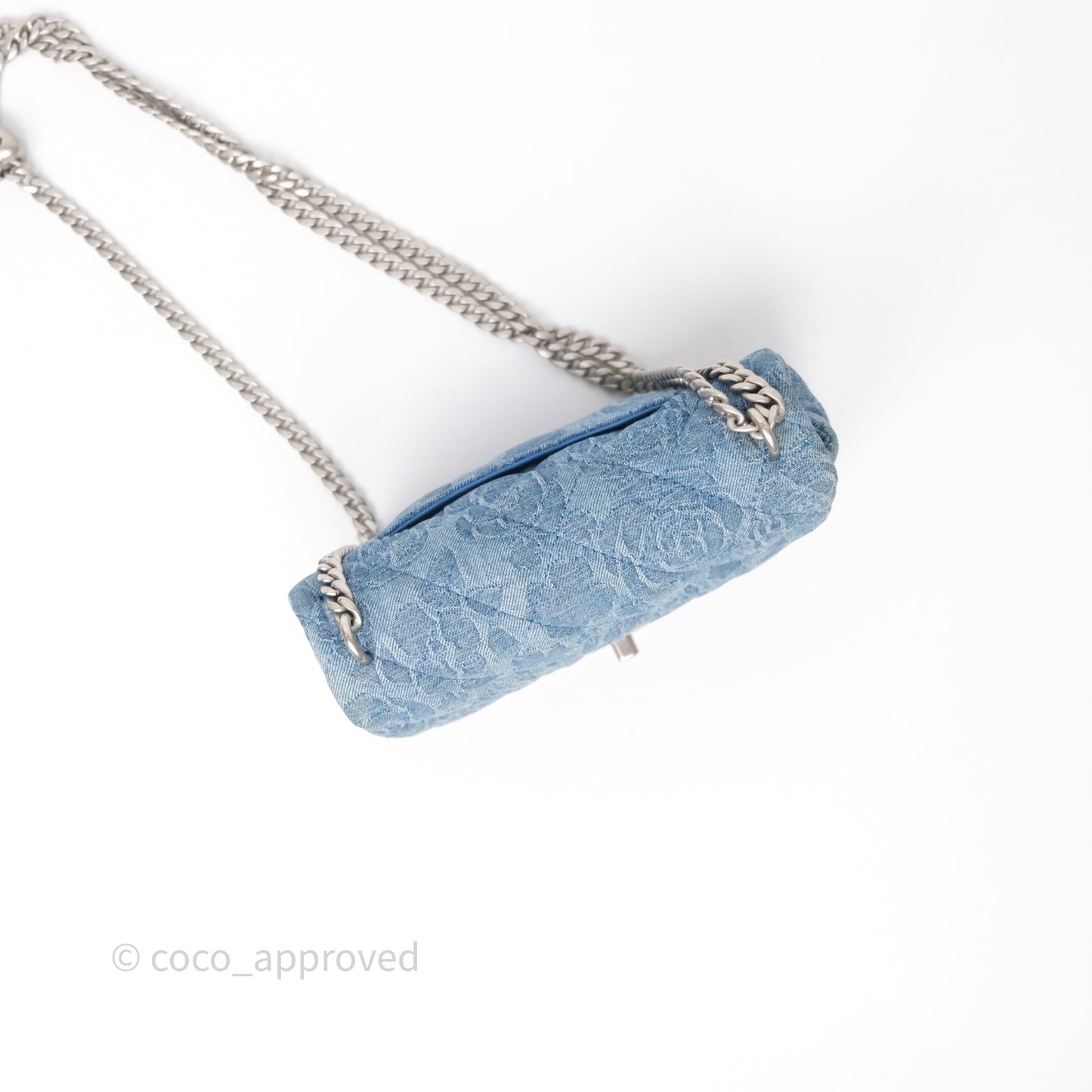 Chanel Mini Camellia Printed Heart Crush Flap Bag Blue Denim Aged Silver Hardware