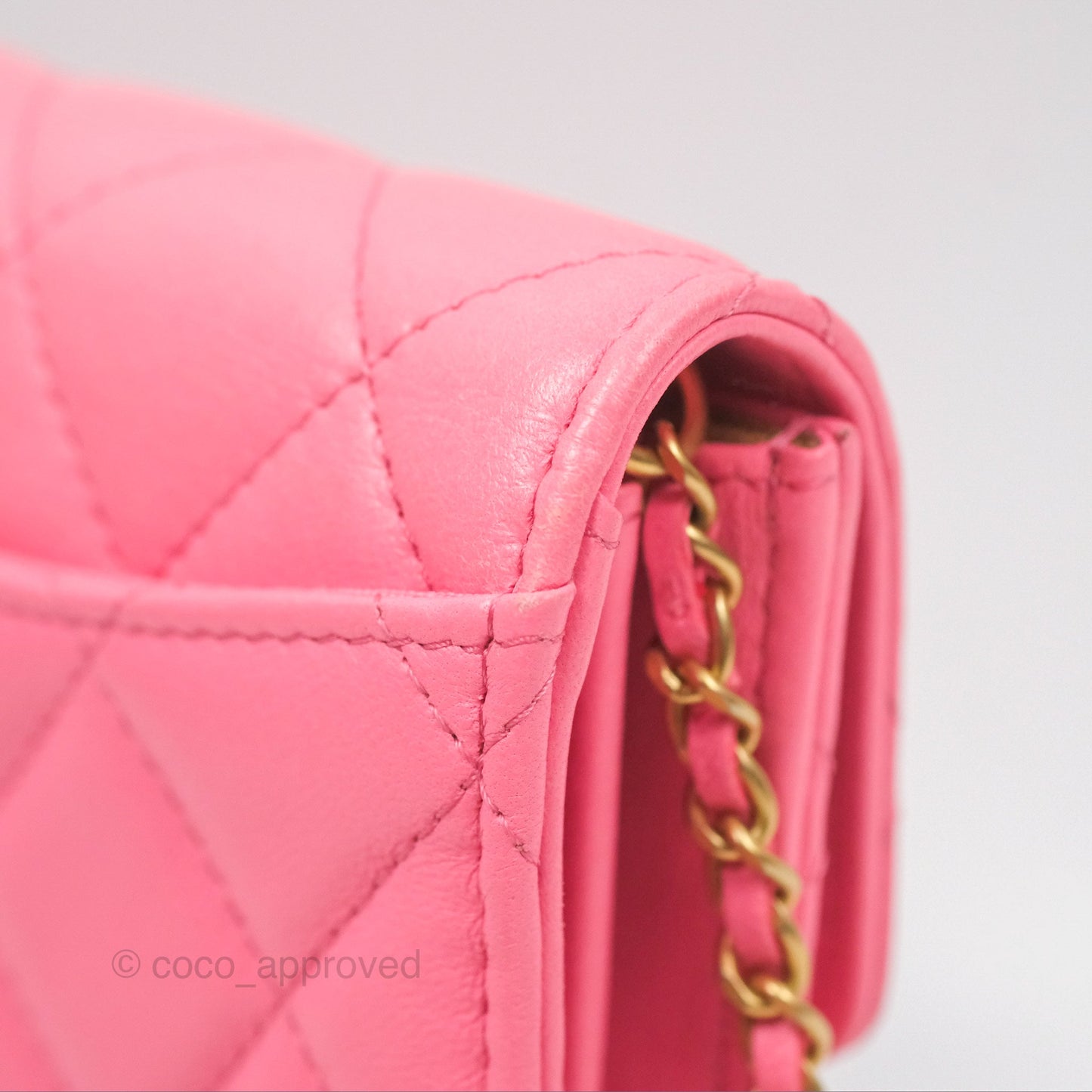Chanel Pearl Crush Mini Clutch With Chain Pink Lambskin Aged Gold Hardware