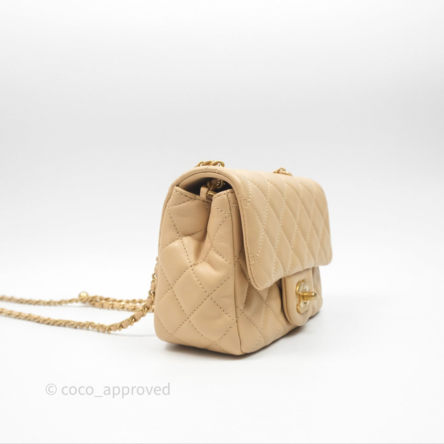 Chanel Pearl Crush Mini Square Quilted Beige Lambskin Aged Gold Hardware