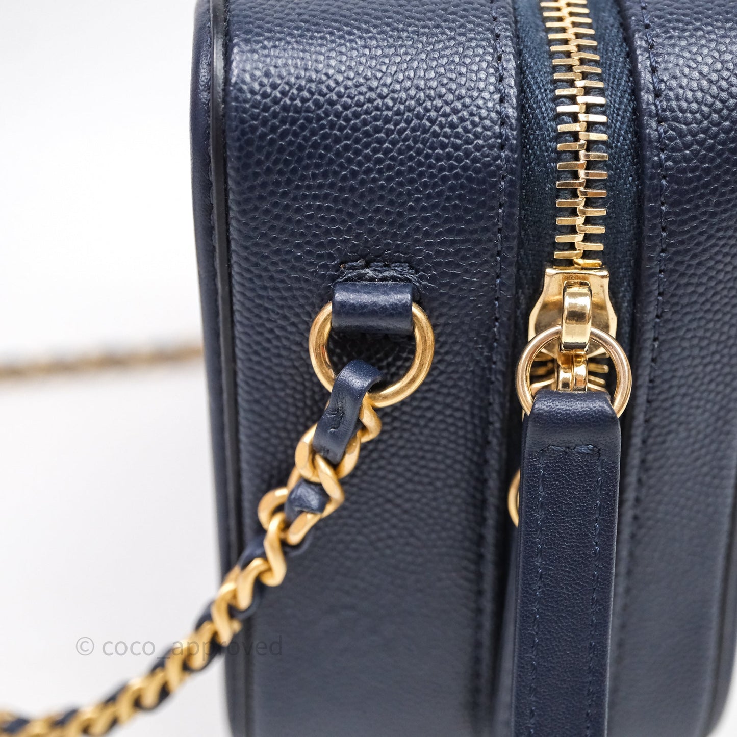 Chanel Quilted Small CC Filigree Vanity Case Navy Caviar Gold Hardware