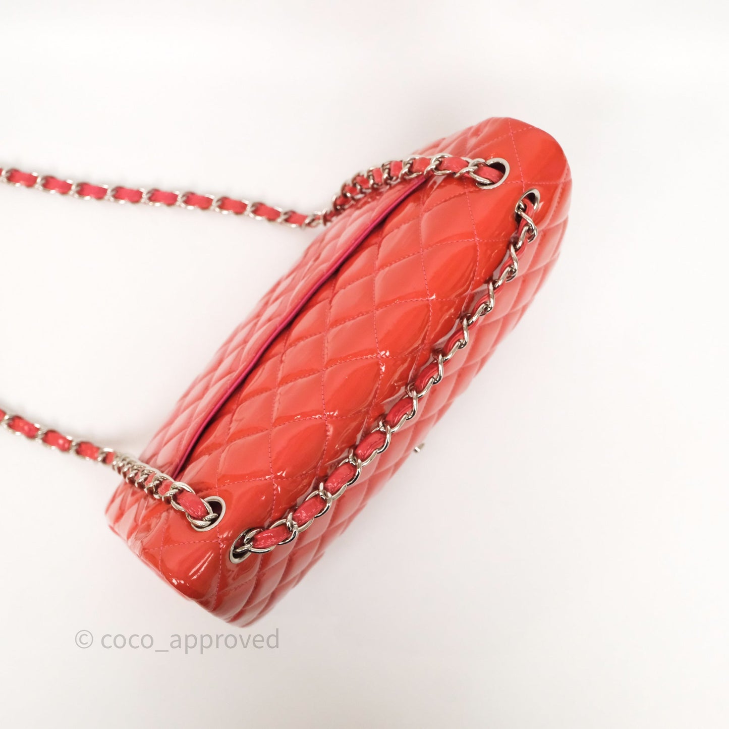 Chanel Jumbo Double Flap Red Orange Patent Silver Hardware⁣⁣