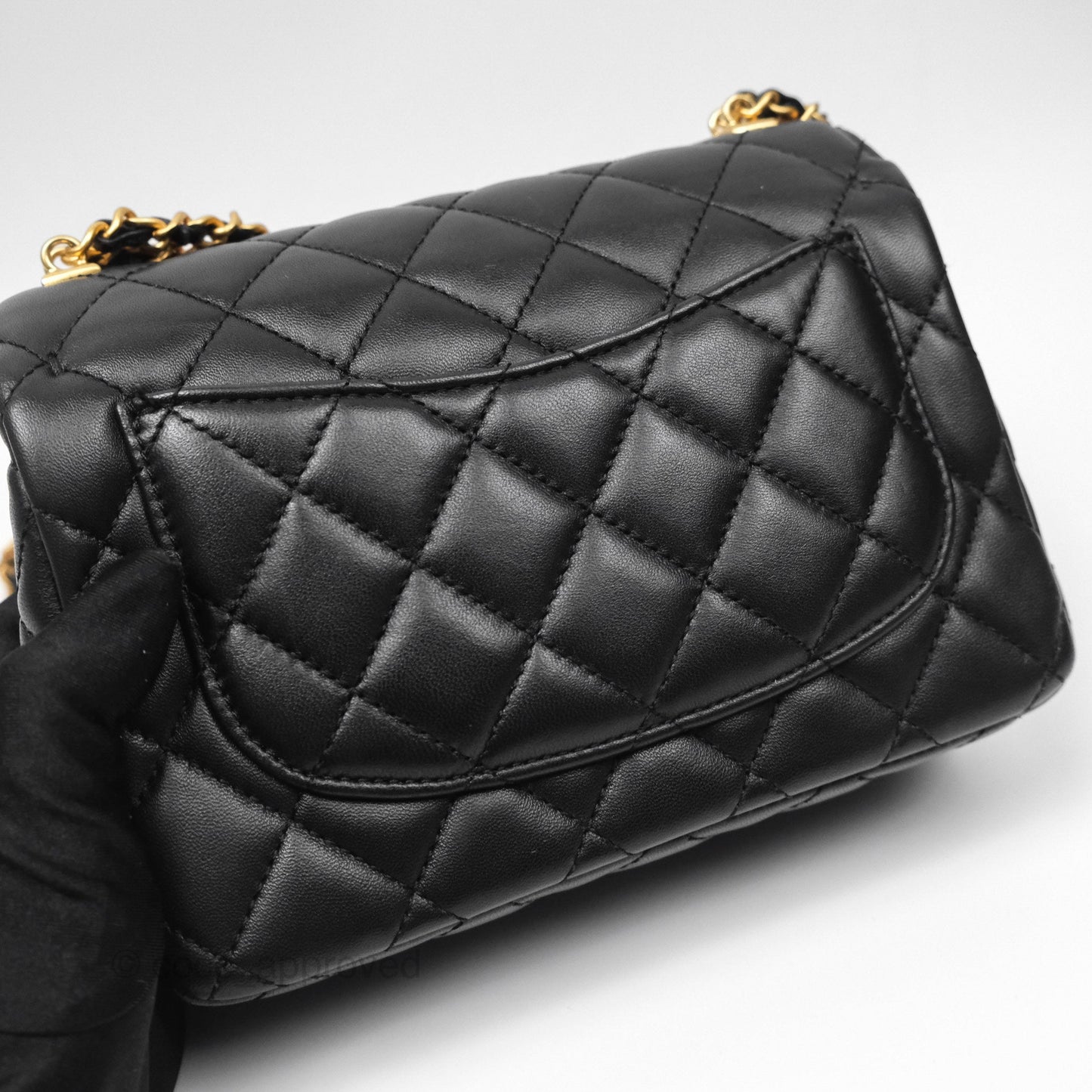 Chanel Flap Bag with Logo Enamel Chain Black Lambskin 22B