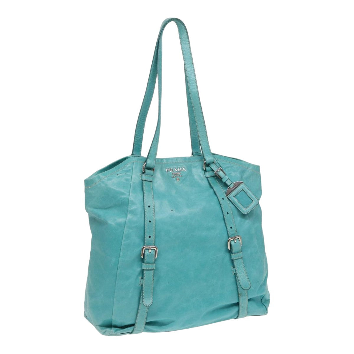 Luxury Prada Tote Bag Leather Turquoise Blue  83948