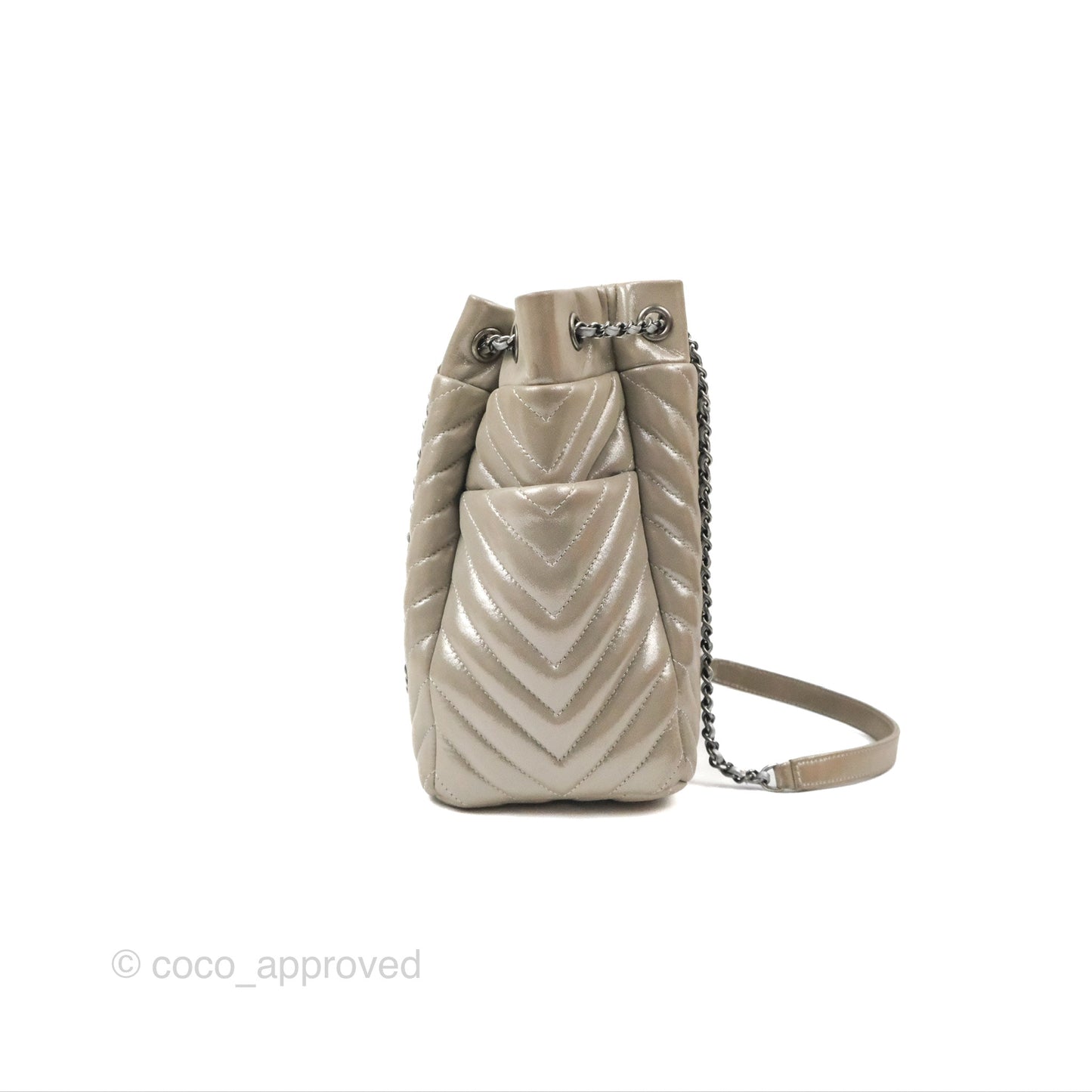 Chanel Small Urban Spirit Drawstring Bag Chevron Iridescent Silver Calfskin